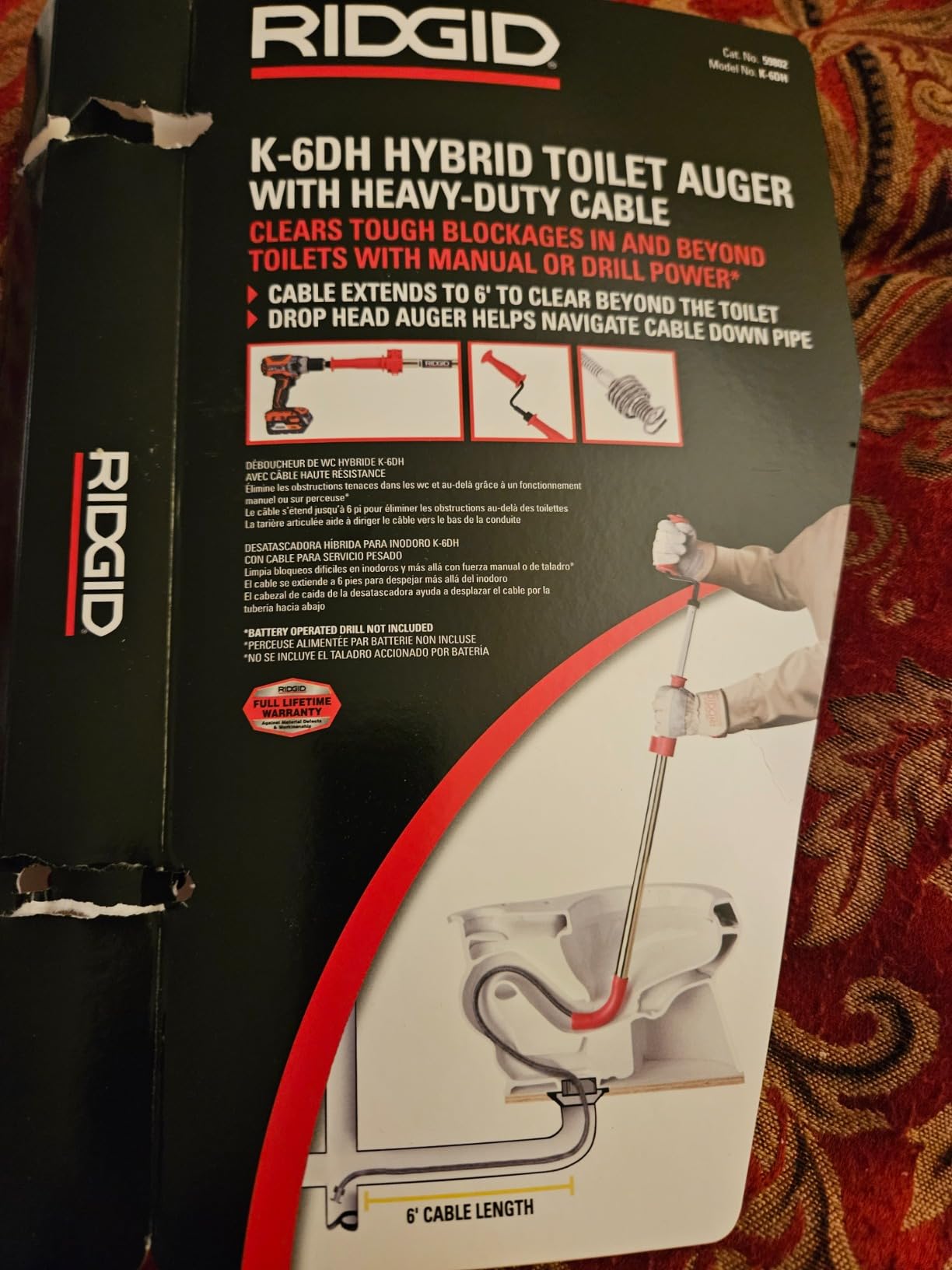 RIDGID 59802 K-6DH Hybrid Toilet Snake Auger with 6' Heavy-Duty Drop Head Tri-Wrap Cable, Manual or Cordless Drill Operated Plumbing customer photo 2