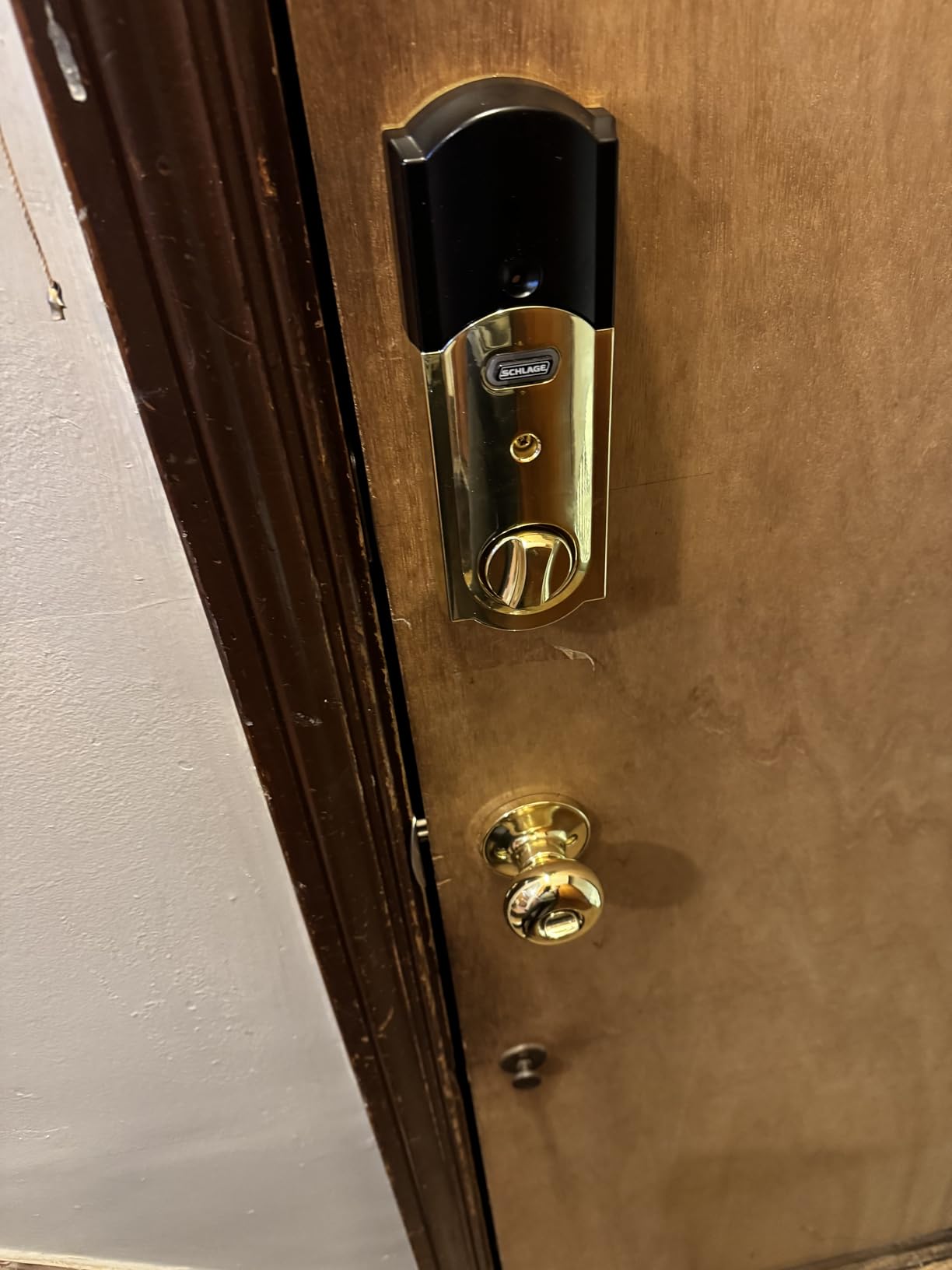 SCHLAGE Lower Half Entry Handleset, Georgian Knob, Aged Bronze | Exterior front door handleset grip with interior knob, No deadbolt, Pairs with smart locks, Certified durability customer photo 2