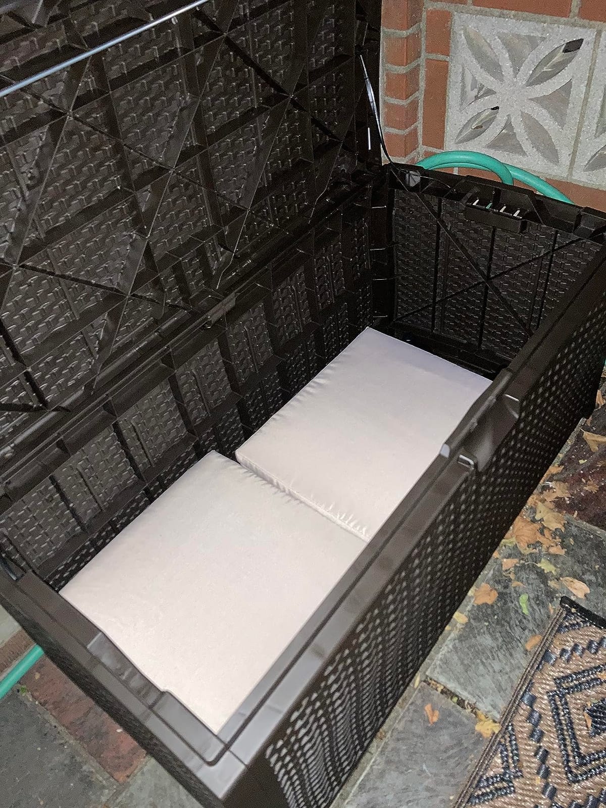 Suncast Outdoor Storage Box - 73 Gallon Mocha Brown Deck Box for Patio, weather-resistant Outdoor Storage Bench, Resin Wicker Style, Heavy-Duty, Lockable Lid for Cushions, Shoes, Pool & Garden Gear customer photo 2