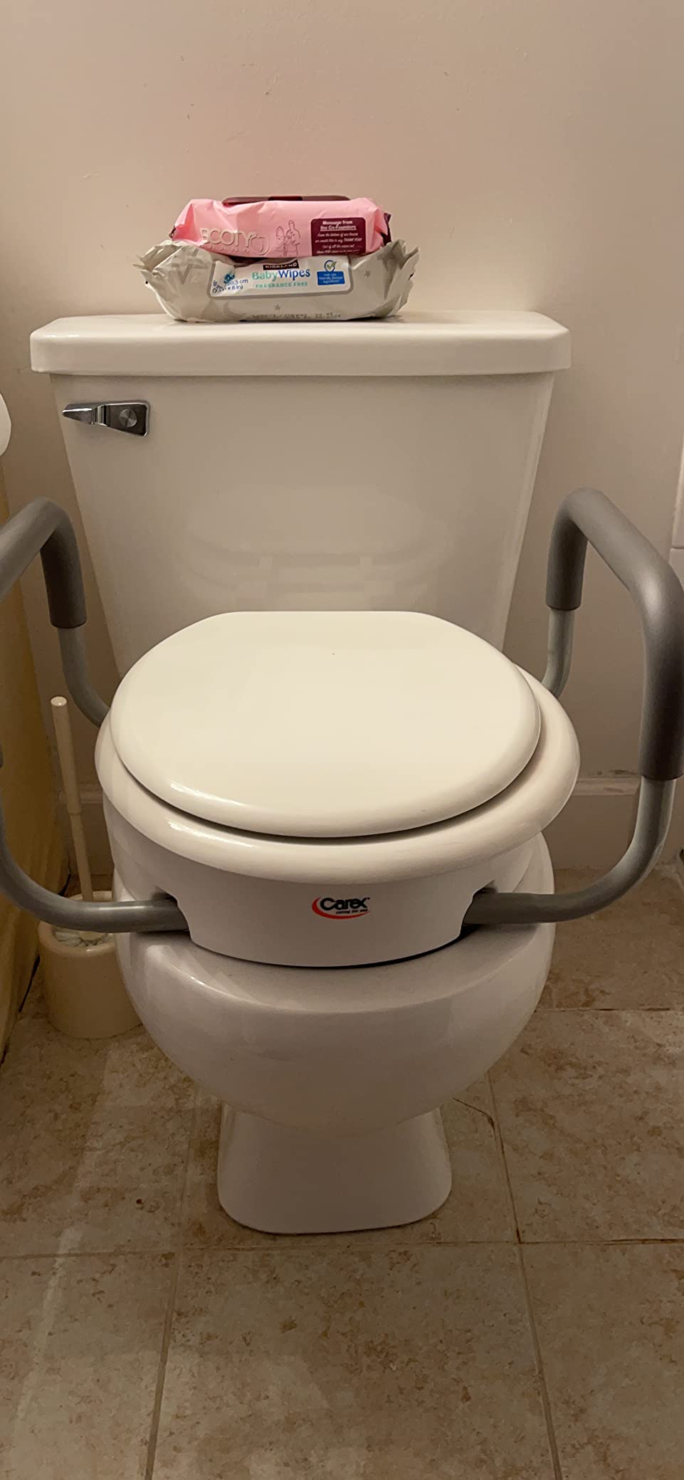 Carex 3.5 Inch Raised Toilet Seat with Arms, Elongated Toilet Seat Riser, Up to 250 lbs Capacity, Elevating & Raising Seat for Elderly & Handicap, Universal, Slip-Resistant with Padded Handles, White customer photo 1