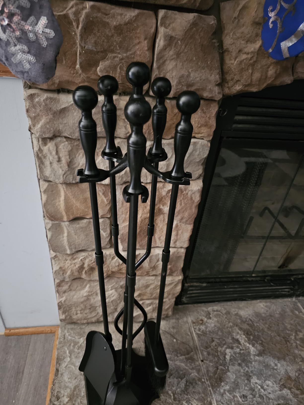 AMAGABELI Garden & Home 5 Pcs Fireplace Tools Set 31 Inch Indoor Black Handle Wrought Iron Large Fire Tool Accessories Set Holder Outdoor Fireset Modern Fire Pit Stand with Poker Brush Shovel Tong customer photo 2