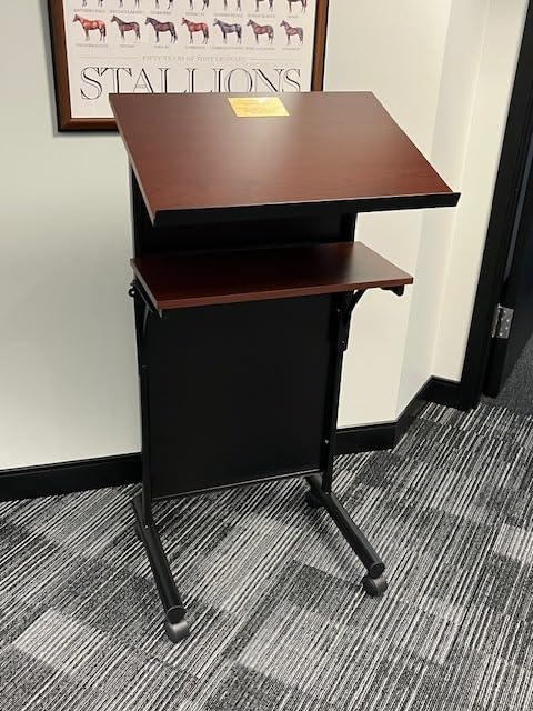 Audio-Visual Direct Wheeled Lectern Podium - Standing Desk with Storage Shelf - Cherry/Black - Ideal for Presentations and Laptop Use customer photo 1