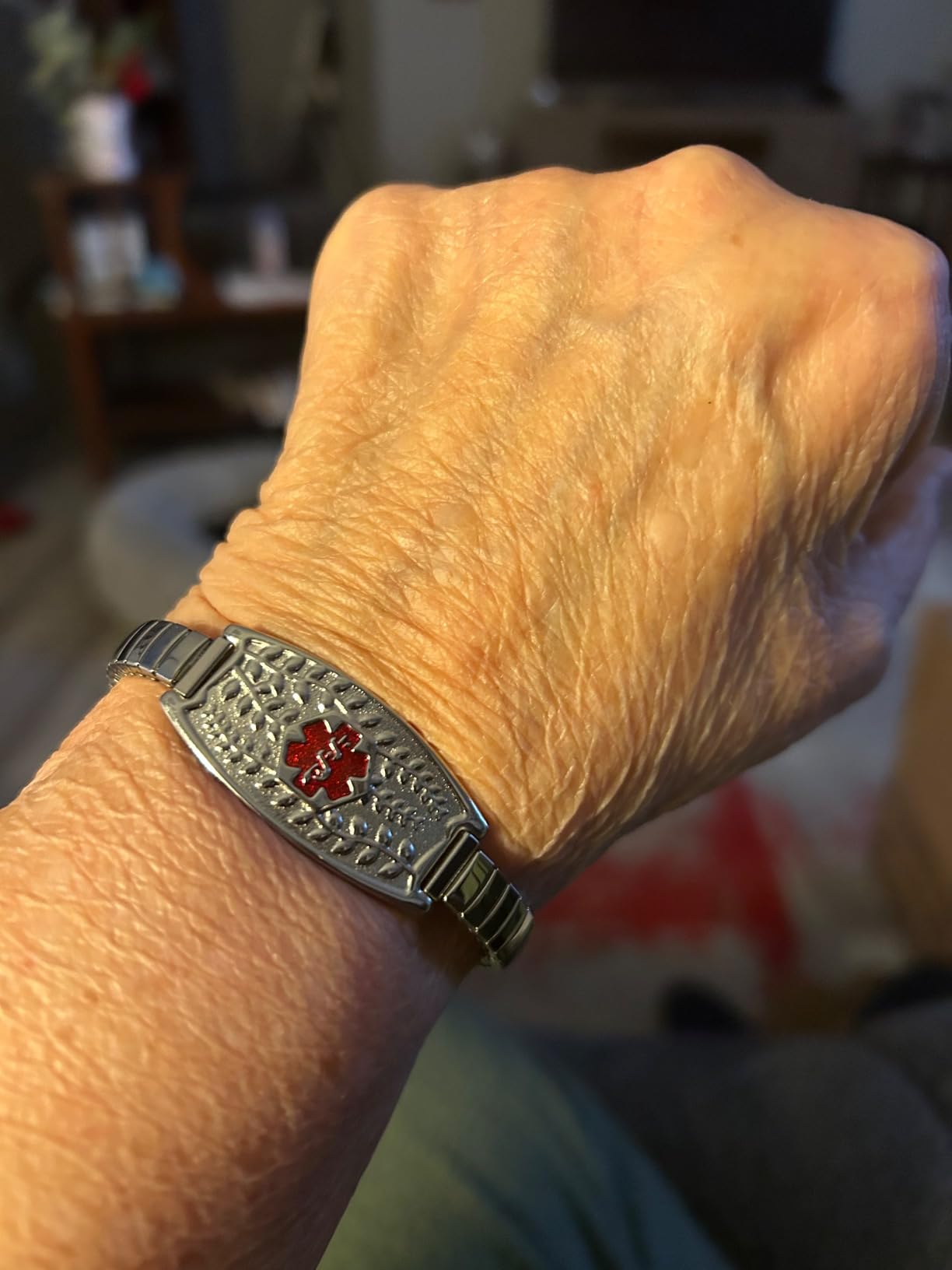 Divoti Easy-On Medical Alert Bracelet for Women – Arthritis-Friendly Stretch Slip-On – Custom Engraved 316L Stainless Steel ID – Olive Design for Dexterity & Flexibility (6.5