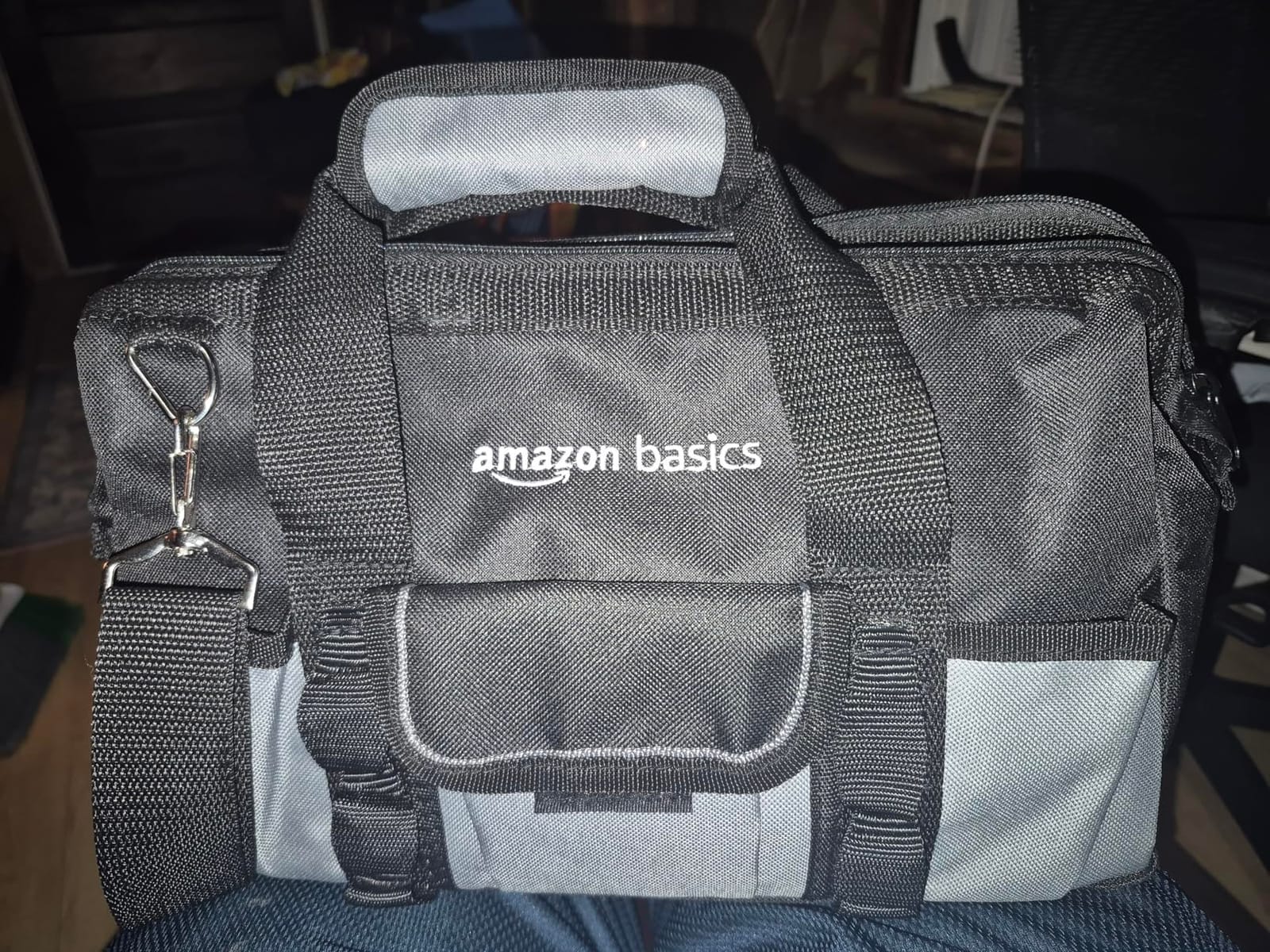 Amazon Basics Durable Wear-Resistant Tool Storage Bag with Adjustable Shoulder Strap, Portable Tool Organizer, 16 in, Black & Grey customer photo 2