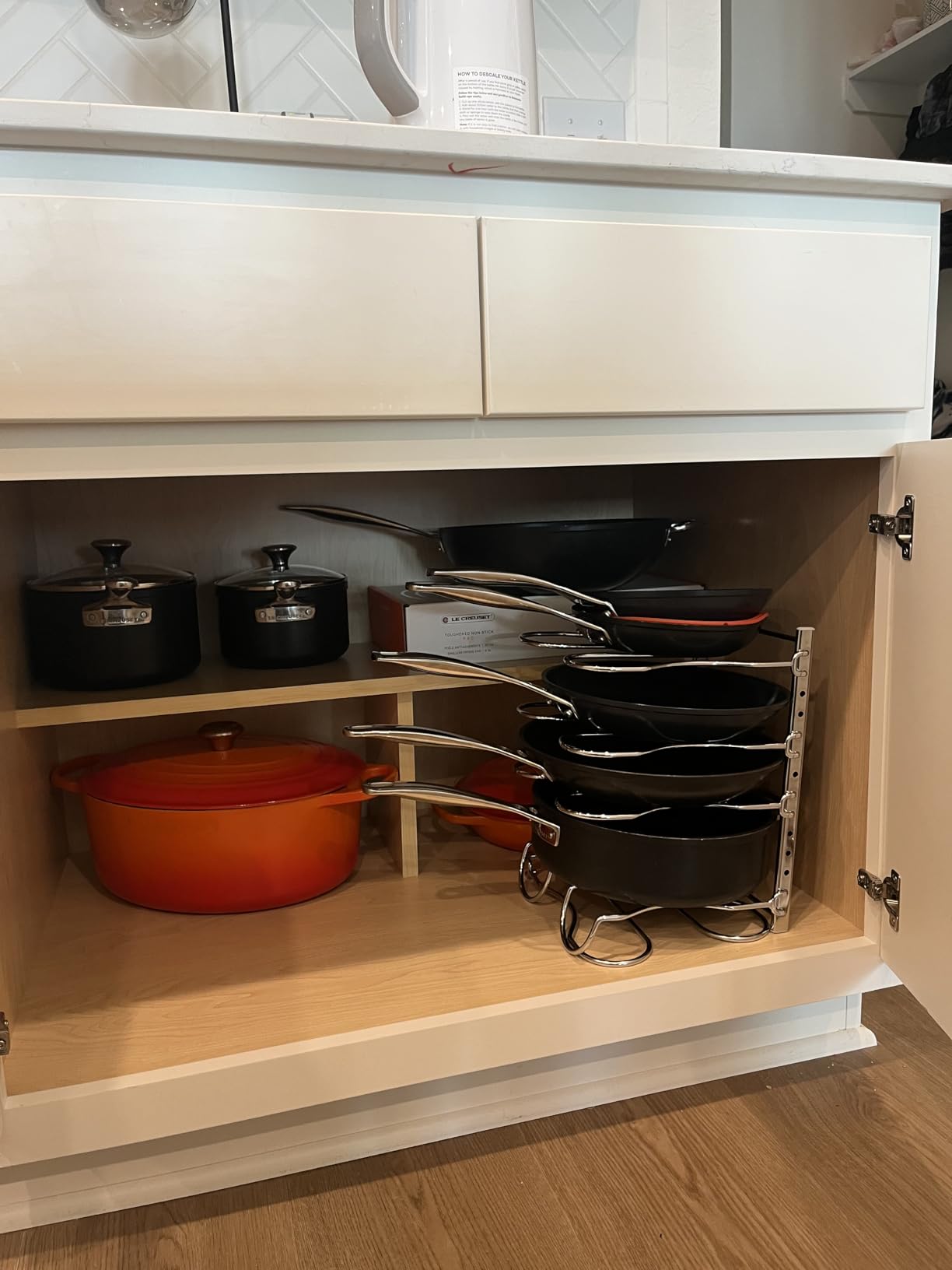 CAXXA Heavy Duty Pan Rack, Pot Lid Rack, Kitchen Cabinet Pantry Cookware Organizer Rack Holder with 5 Adjustable Dividers, Chrome customer photo 1