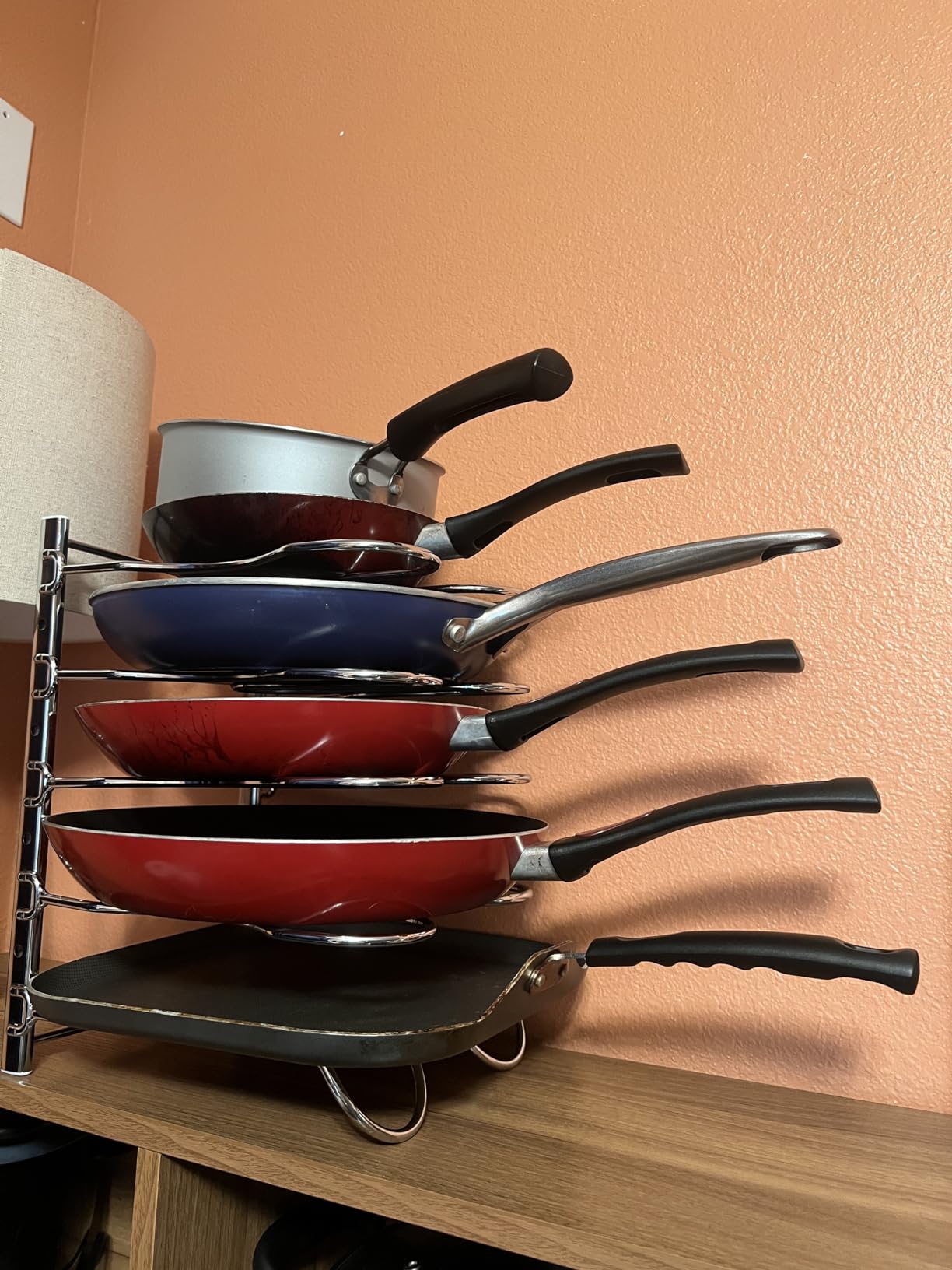 CAXXA Heavy Duty Pan Rack, Pot Lid Rack, Kitchen Cabinet Pantry Cookware Organizer Rack Holder with 5 Adjustable Dividers, Chrome customer photo 2