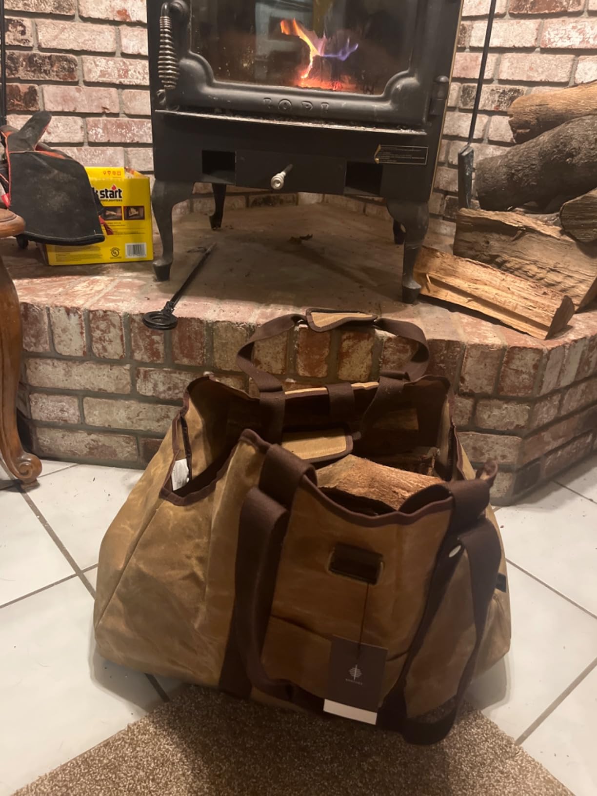 BONTHEE Firewood Carrier Bag Waxed Canvas Waterproof Extra Large Log Carrier Holder Freestanding Tote Bag for Firewood customer photo 2