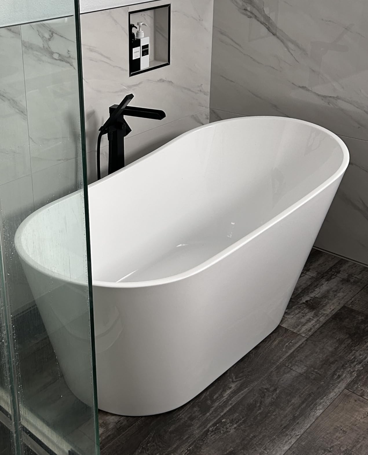 Wowkk Waterfall Tub Filler Freestanding Bathtub Faucet Black Floor Mount Brass Single Handle Bathroom Faucets with Hand Shower customer photo 1