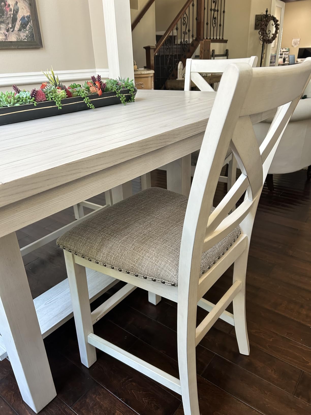 Signature Design by Ashley Caitbrook X-Back Bar Stools Set of 2, Gray | Solid acacia wood frame, X-back styling, Nailhead trim customer photo 2