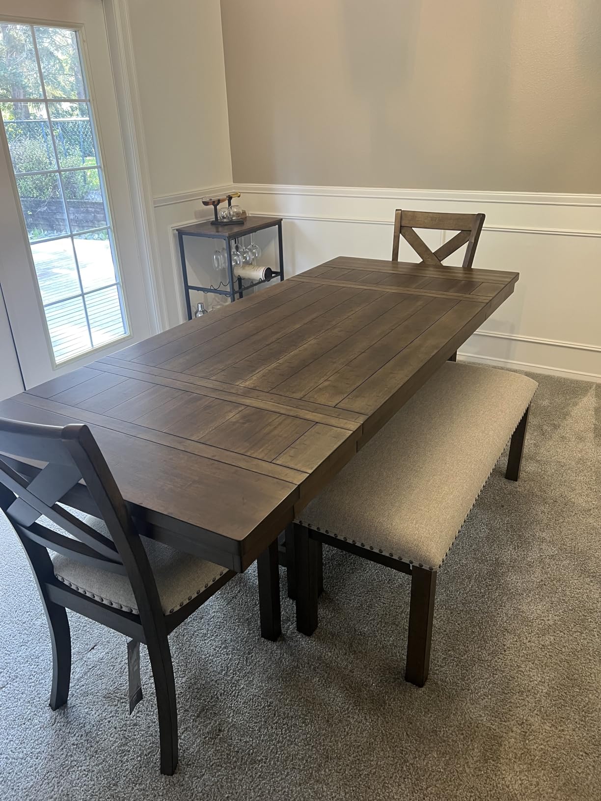 Signature Design by Ashley Moriville Wood Upholstered Dining Bench, Beige | Rustic Distressed Nutmeg Wood Frame with Bronze Nailhead Trim customer photo 1