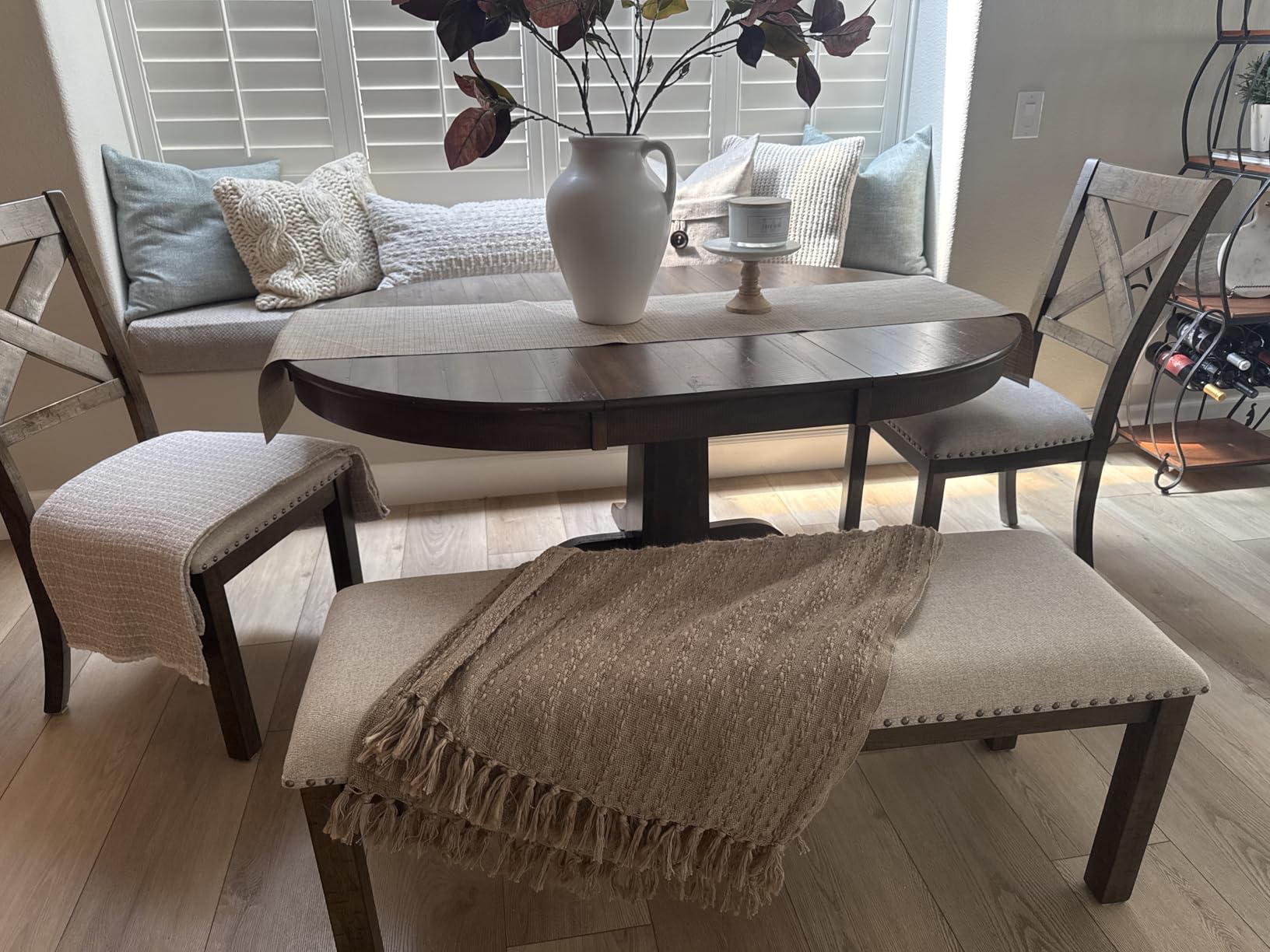 Signature Design by Ashley Moriville Wood Upholstered Dining Bench, Beige | Rustic Distressed Nutmeg Wood Frame with Bronze Nailhead Trim customer photo 2