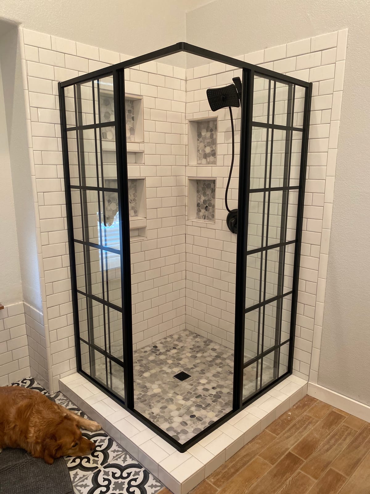 DreamLine French Corner 40 1/2 in. D x 40 1/2 in. W x 72 in. H Framed Sliding Shower Enclosure in Satin Black, SHEN-8140400-89 customer photo 1