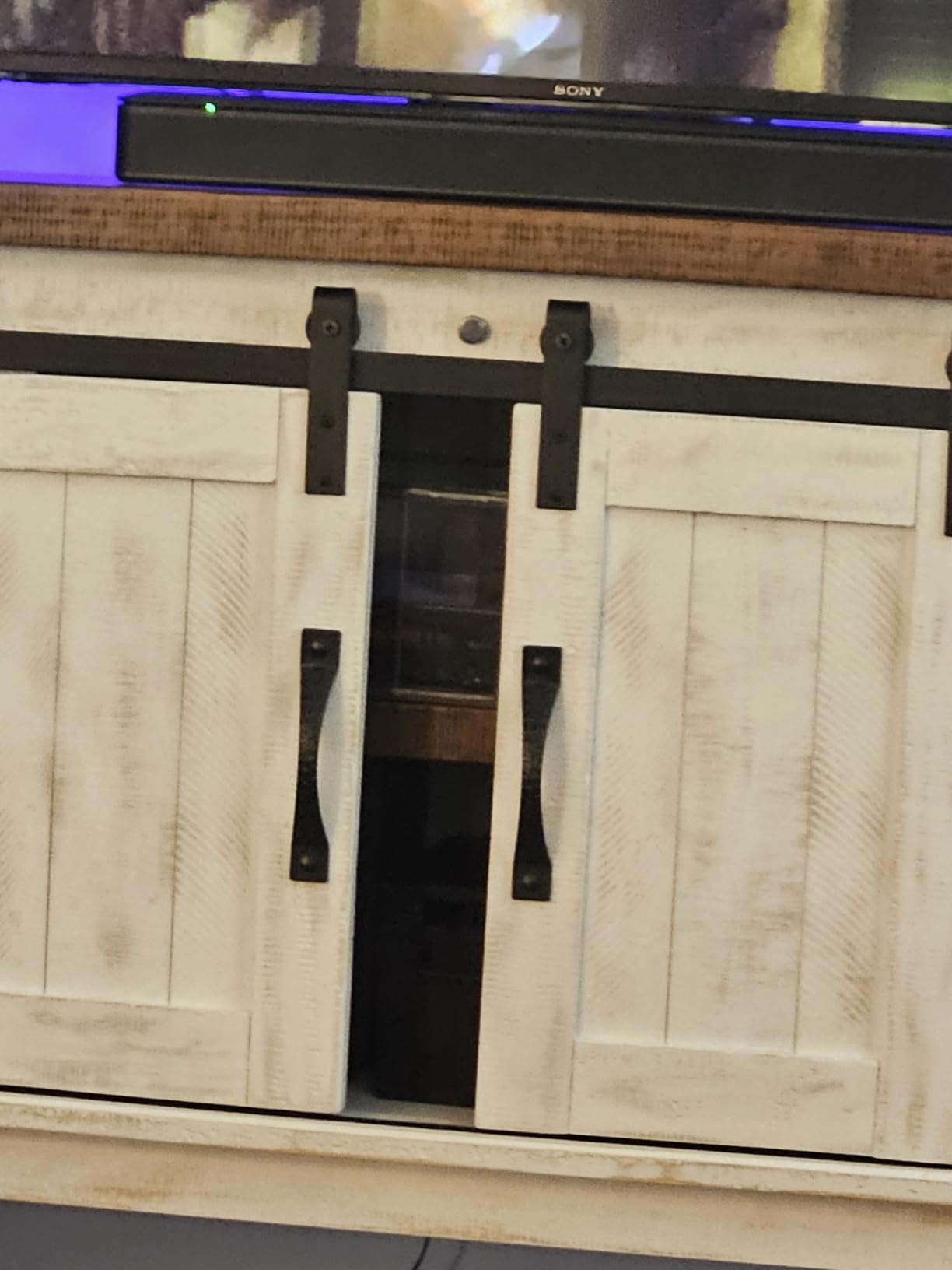Signature Design by Ashley Valebeck Buffet Sideboard, Farmhouse Coffee Bar | Distressed pine top and sliding barn doors, Pine and engineered wood frame with wire mesh inlays, Open display shelf customer photo 1