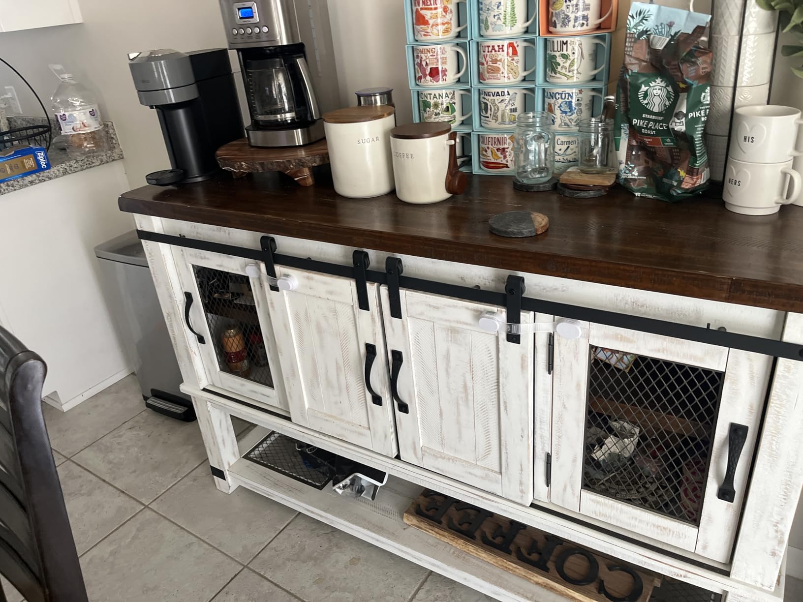 Signature Design by Ashley Valebeck Buffet Sideboard, Farmhouse Coffee Bar | Distressed pine top and sliding barn doors, Pine and engineered wood frame with wire mesh inlays, Open display shelf customer photo 2
