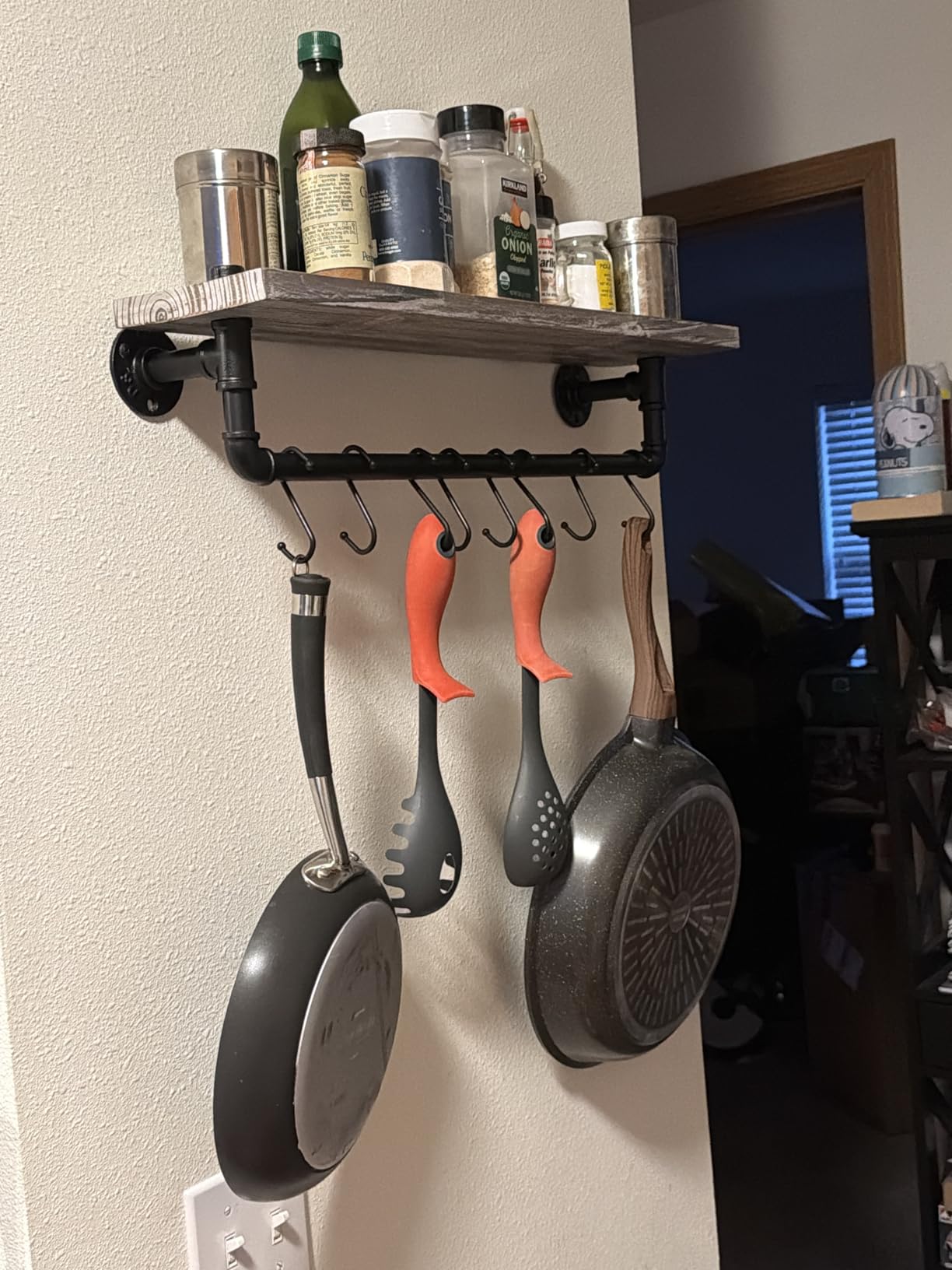 MyGift 30 Inch Ceiling or Wall Mounted Pot Rack with Rustic Brown Solid Wood Shelf and Industrial Matte Black Metal Pipe, Hanging Cookware Utensils Organizer with 8 S-Hooks customer photo 2