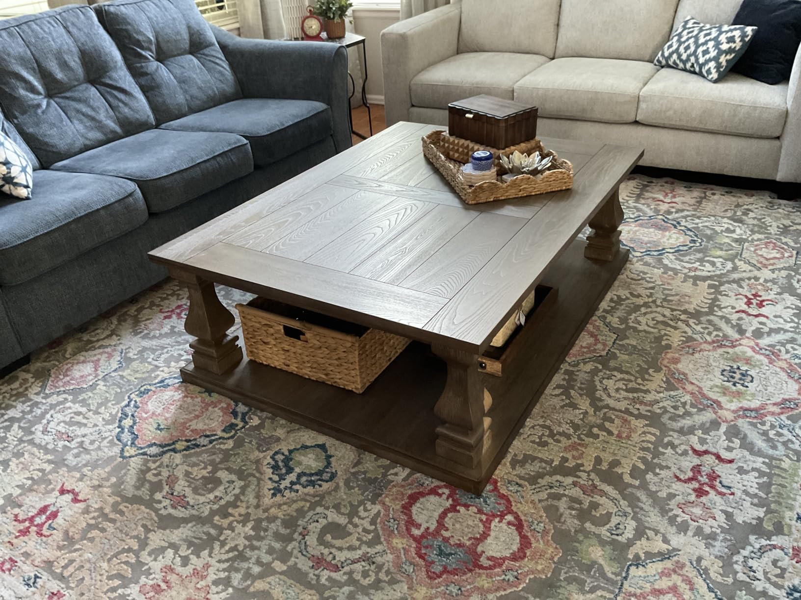 Signature Design by Ashley Large Farmhouse Coffee Table, Weathered Gray | Distressed rustic elm veneer, Spacious plank-effect top and lower storage shelf for easy organizing, Johnelle Series customer photo 1
