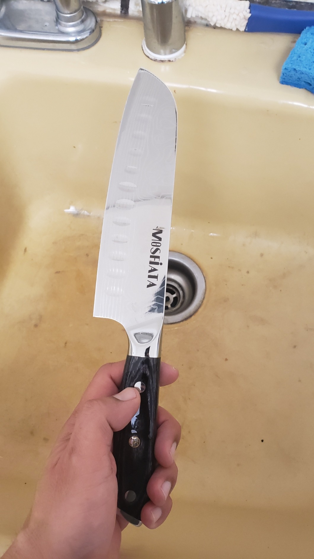 MOSFiATA Santoku Knife- 7 Inch Vegetable Knife Ultra Sharp Chopping Knife- Forged EN.4116 German Steel- Including Sheath,Finger Guard,Knife Sharpener,Full Tang,Best Gifts with Handmade Gift Box customer photo 1