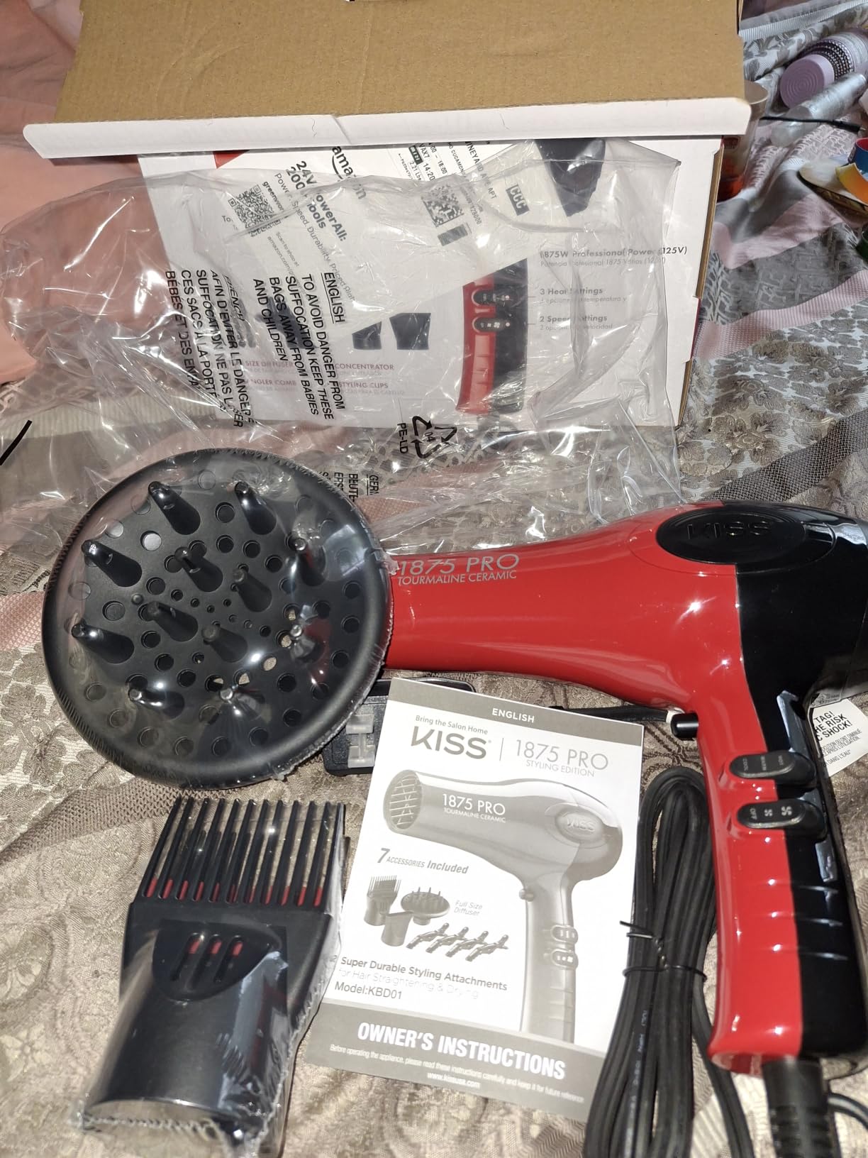Kiss 1875 Watt Pro Tourmaline Ceramic Hair Dryer, Styling Edition, 3 Heat Settings, 2 Speed Settings, Cool Shot Button, 7 Blow Dryer Accessories Included, 2-Year Warranty - Red customer photo 2
