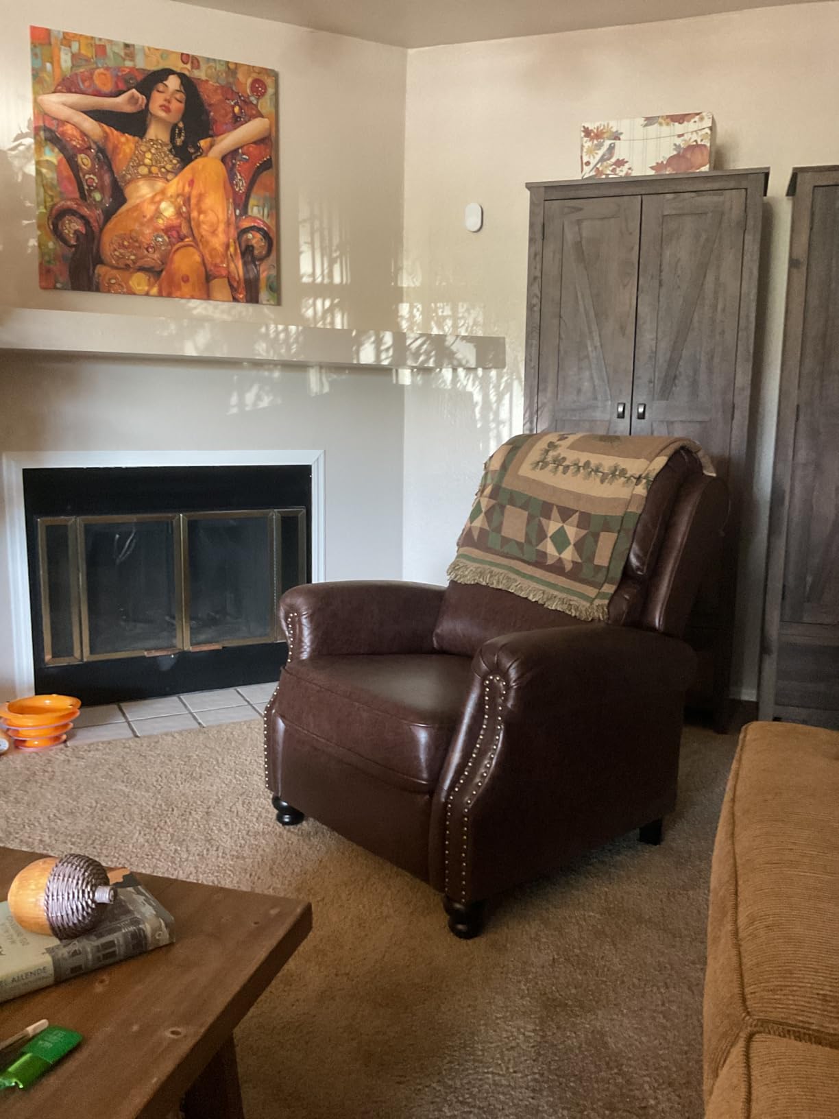 CANMOV Pushback Recliner Chair Faux Leather Armchair Push Back Recliner with Rivet Decoration Single Sofa Accent Chair for Living Room, Chocolate customer photo 2