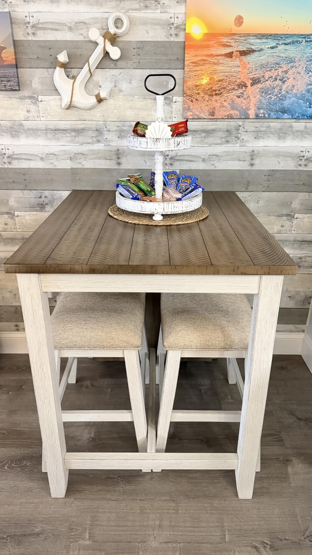 Signature Design by Ashley Skempton 3-Piece Counter Height Dining Table Set | Two-tone acacia wood set, 3 built-in open shelves, 2 upholstered saddle stools, Space-saving tuck-away design, Dining room customer photo 1