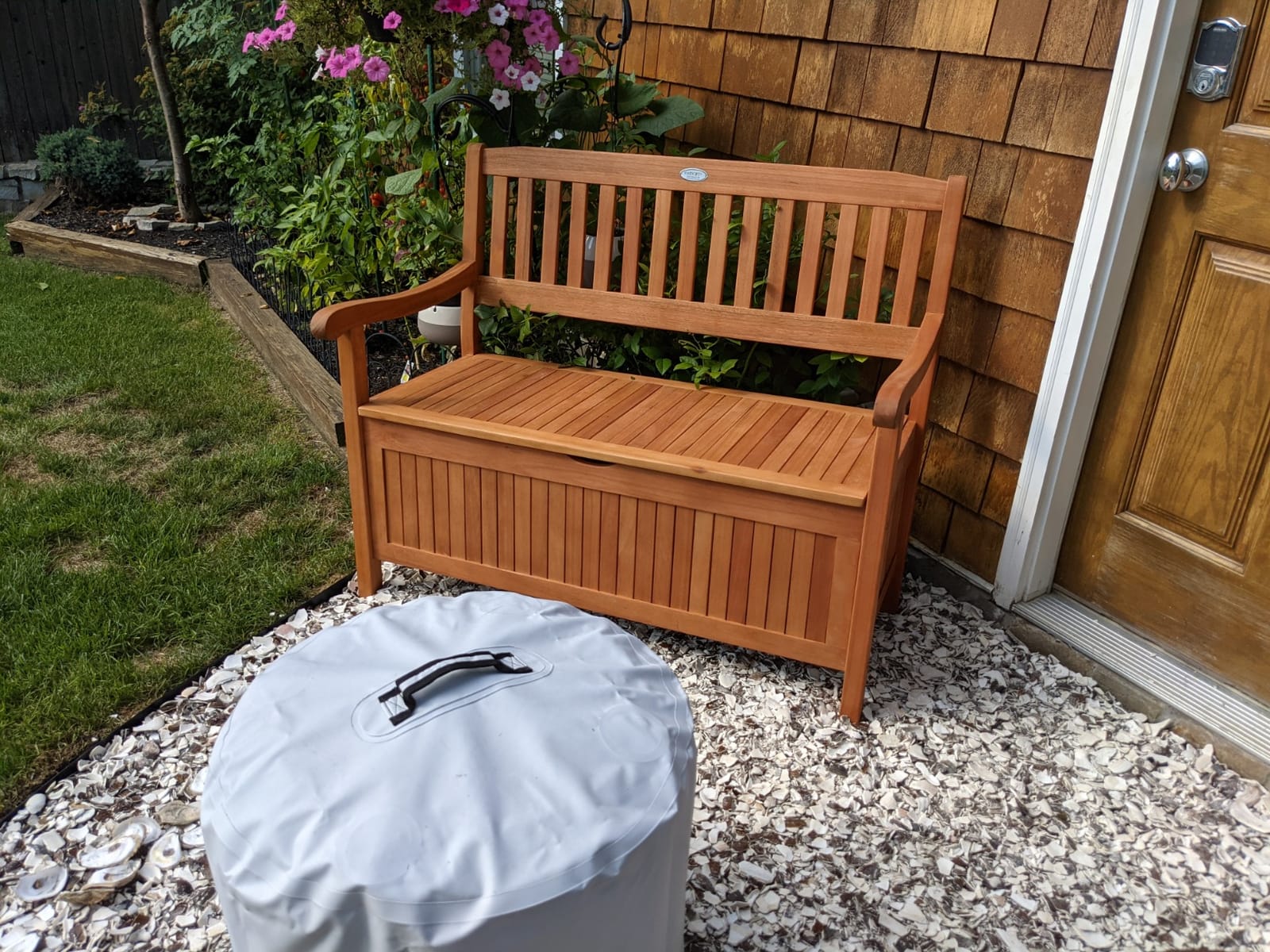 Tangkula Outdoor Wood Storage Bench Deck Box, Entryway Porch Storage Bench with Inner Removable Dust-Proof Lining & Portable Handles, Eucalyptus Wood Loveseat for Garden, Lawn, Balcony & Yard customer photo 1