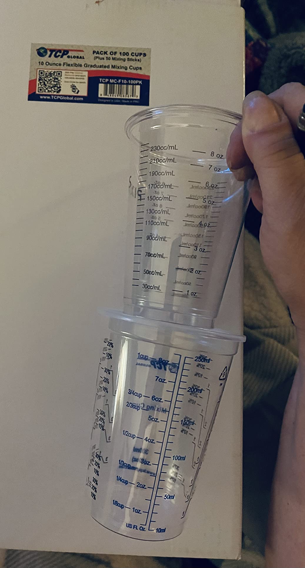 TCP Global 10 oz. (300ml) Graduated Plastic Mixing Cups - Box of 50 Plus 50 Mixing Sticks, Disposable Plastic Measuring Cups for Liquids, Paints, Resin, Epoxy, Kitchen, Ratios 2-1, 3-1, 4-1 ML customer photo 2