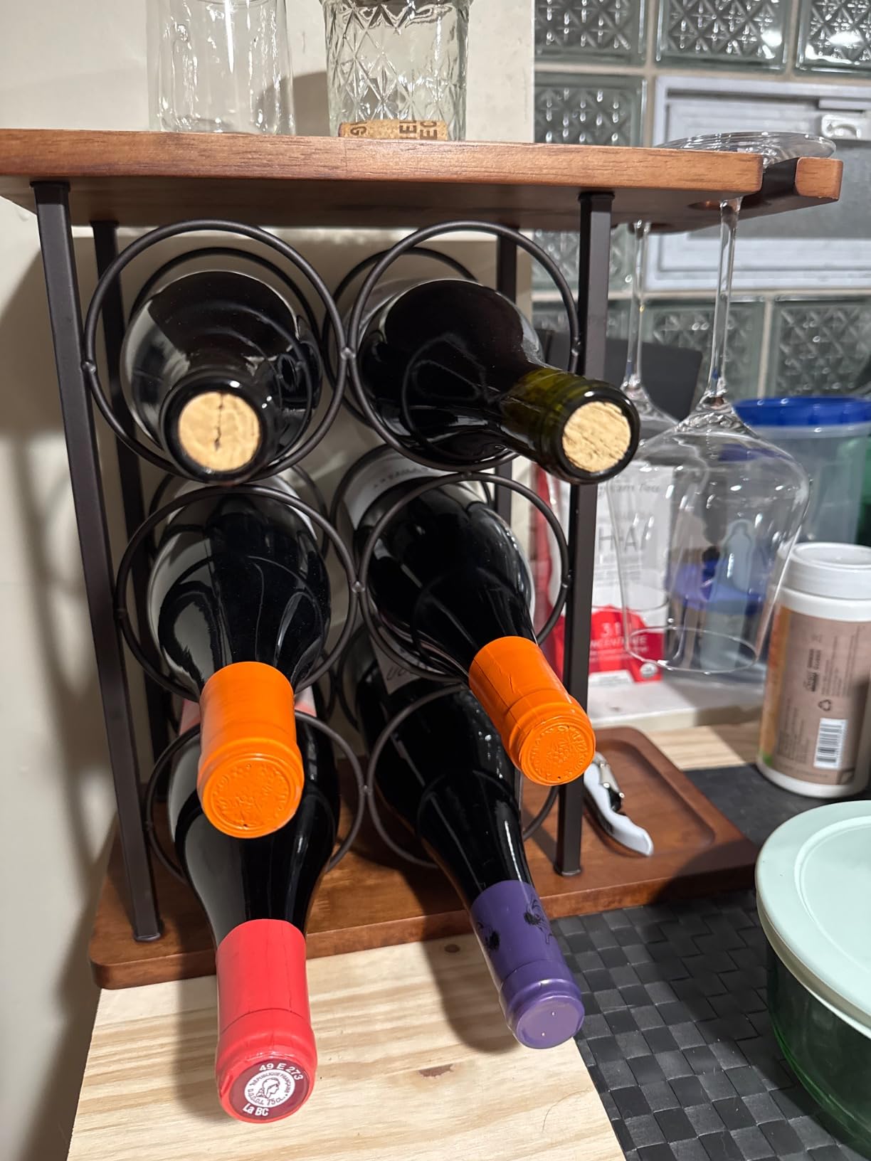 ALLCENER Wine Rack with Glass Holder, Countertop Wine Rack, Wooden Wine Holder with Tray, Perfect for Home Decor & Kitchen Storage Rack etc (Hold 6 Bottles and 2 Glasses) customer photo 1