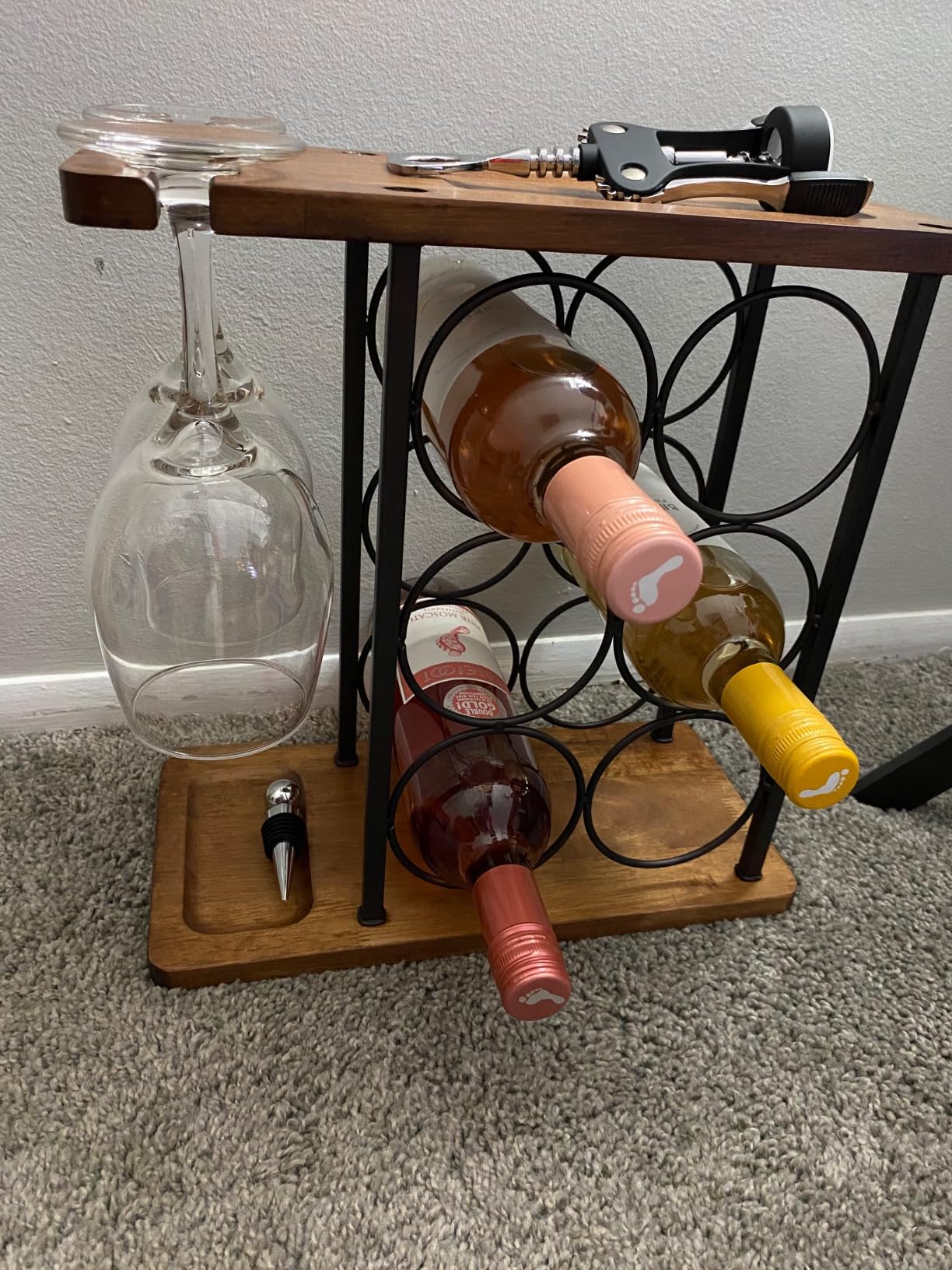 ALLCENER Wine Rack with Glass Holder, Countertop Wine Rack, Wooden Wine Holder with Tray, Perfect for Home Decor & Kitchen Storage Rack etc (Hold 6 Bottles and 2 Glasses) customer photo 2