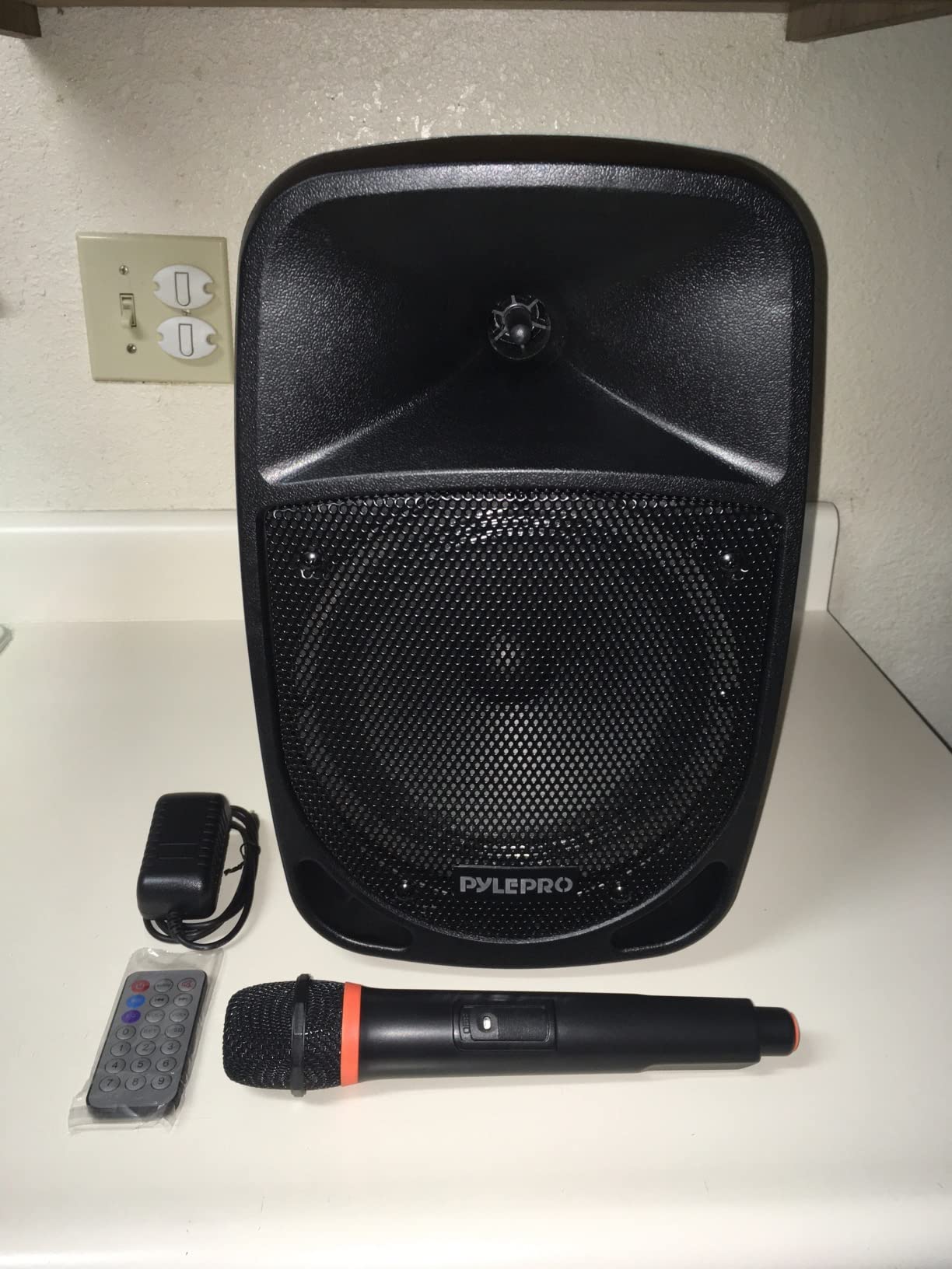 Pyle Portable Bluetooth PA Speaker System - 800W 12 Inch Outdoor Speaker with Built-In Party Lights - USB/SD Card Reader, FM Radio, Extendable Handle w/ Wheels - Includes Wired Microphone & Remote customer photo 1