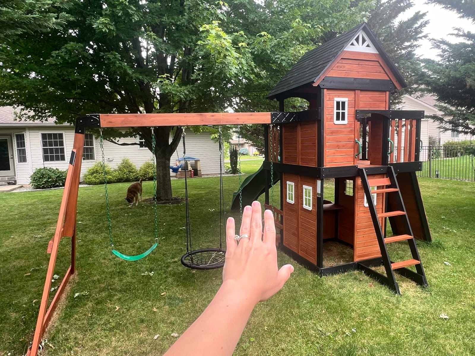 Backyard Discovery Canyon Creek Cedar Wood Swing Set with Wave Slide, Clubhouse, Play Kitchen, Picnic Area, Belt Swings, Web Swing, Rock Wall, Balconies, Playhouse, Step Ladder, Outdoor Playset customer photo 1
