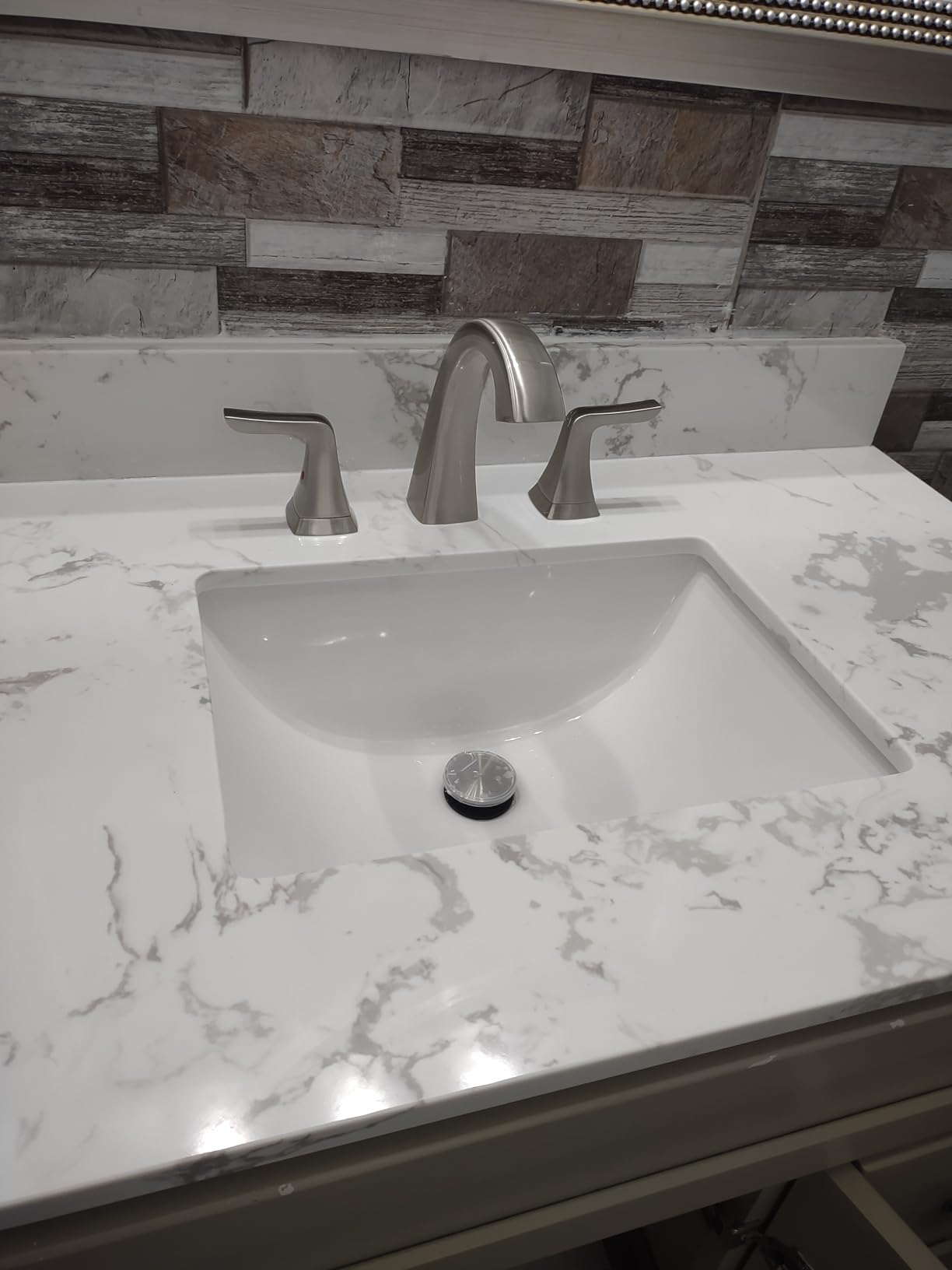 43 Inch Marble Vanity Top with Undermounted Rectangular Ceramic Sink & Backsplash, White Carrara Engineered Stone Countertop Vanity Sink Top for Bathroom 1 Pre-Drilled Hole customer photo 1