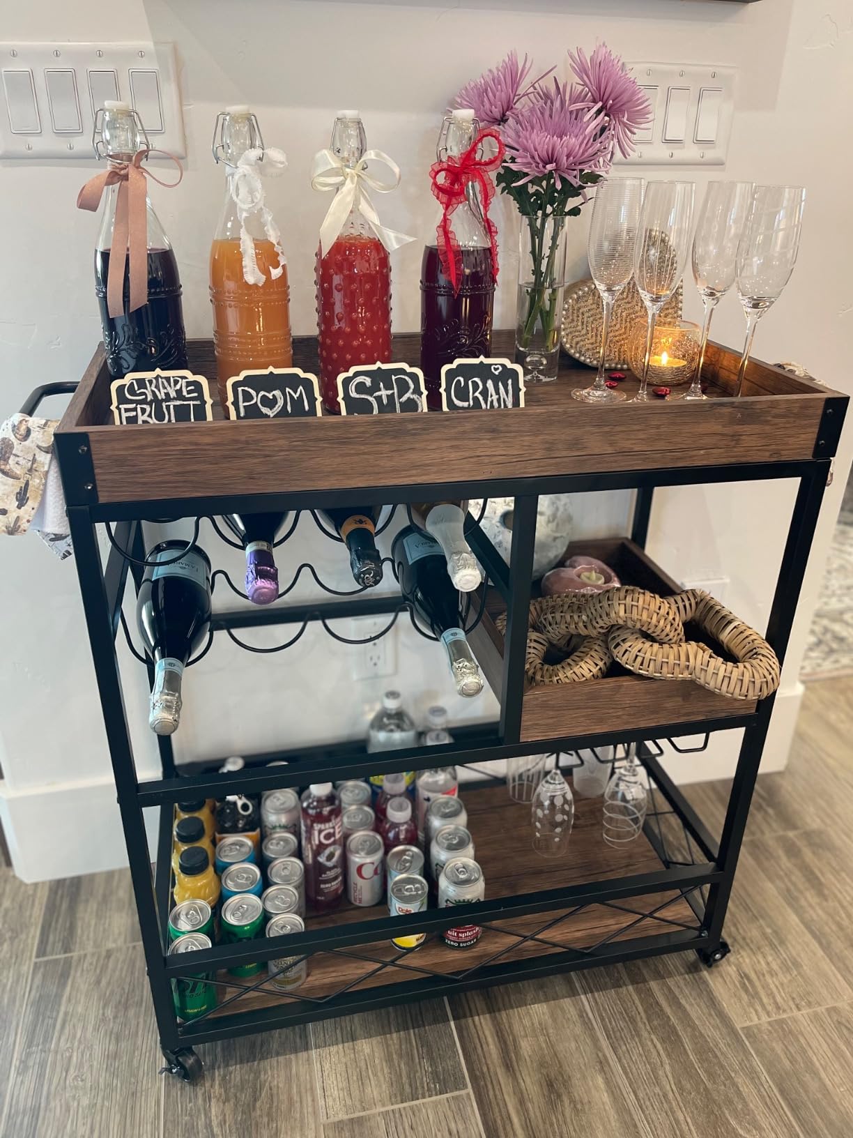 Bar Cart Industrial Mobile Kitchen Serving Carts for Home 3 Tier Storage Trolley with Wine Rack Glasses Holder Two Portable Trays Universal Casters with Brakes Rustic Rolling Cart for Indoor Outdoor customer photo 1