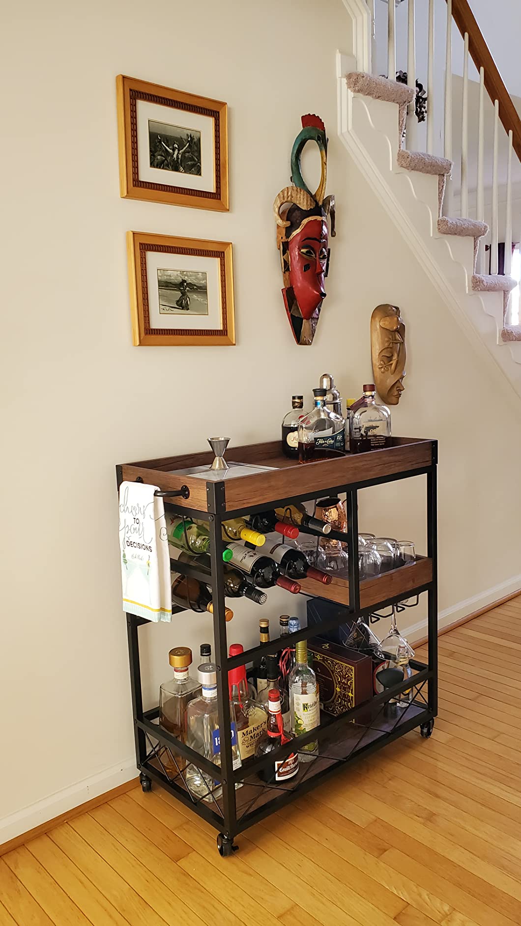 Bar Cart Industrial Mobile Kitchen Serving Carts for Home 3 Tier Storage Trolley with Wine Rack Glasses Holder Two Portable Trays Universal Casters with Brakes Rustic Rolling Cart for Indoor Outdoor customer photo 2