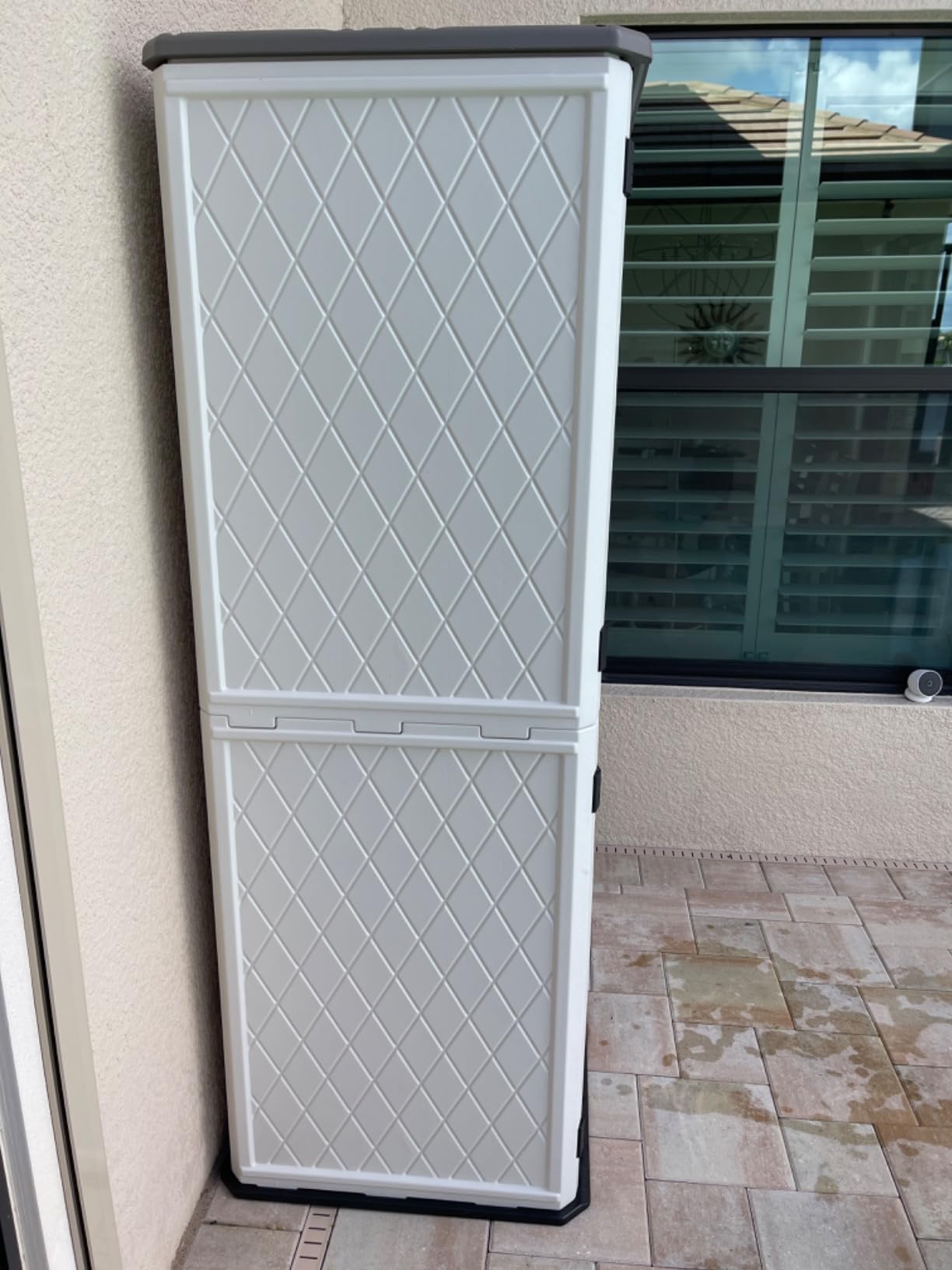 KINYING Outdoor Storage Shed Waterproof, Resin Vertical Storage Cabinet Double-Layered, Versatile to Store Patio Furniture, Garden Tools, Pool Accessories,Mower (66 Cu.ft,White) customer photo 1