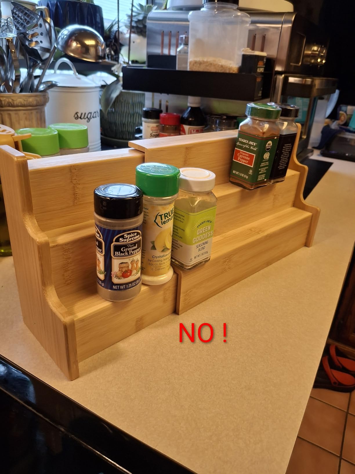 Spice Rack Organizer For Cabinet - 3 Tier Black Bamboo Wooden Expandable Display Shelf from 12.70 to 22.20 inch customer photo 1