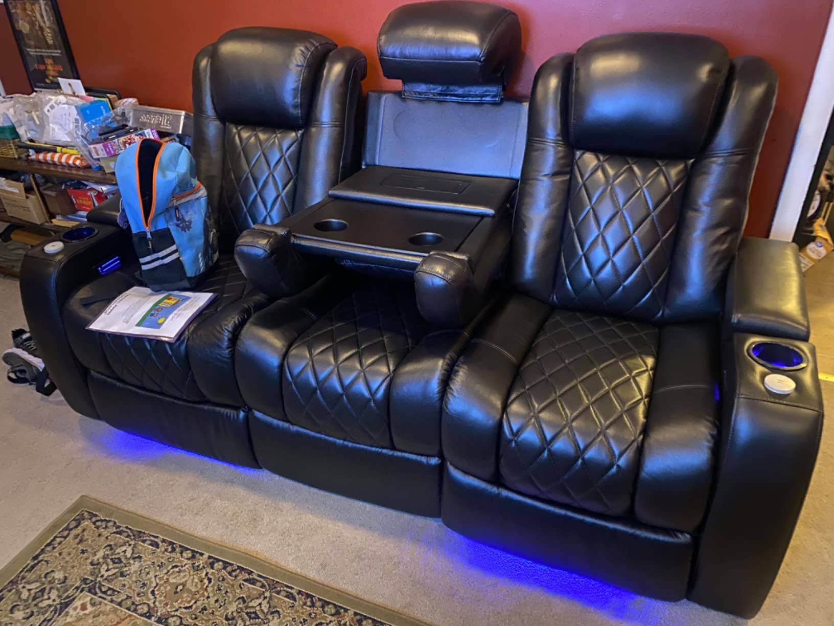 Valencia Tuscany Home Theater Seating | Premium Top Grain Italian Nappa 11000 Leather, Power Headrest, Power Lumbar Support, with Center Drop Down Console (Row of 3, Navy Blue) customer photo 1