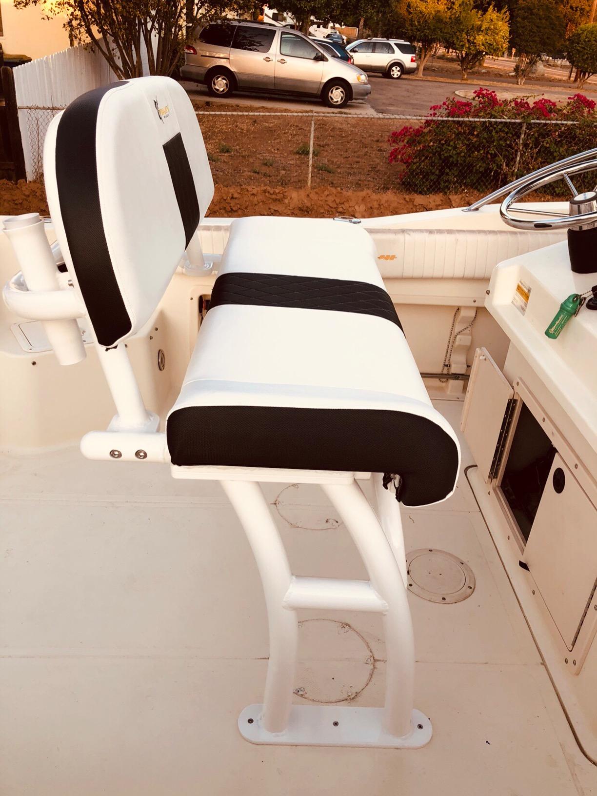 Fishmaster Pro Series Leaning Post for Center Console Fishing Boats - Deluxe Backrest, Rod Holders, Flow-Through Foam, Storage Compartment, Foldable Footrest - White Upholstery/Polished Anodized customer photo 1