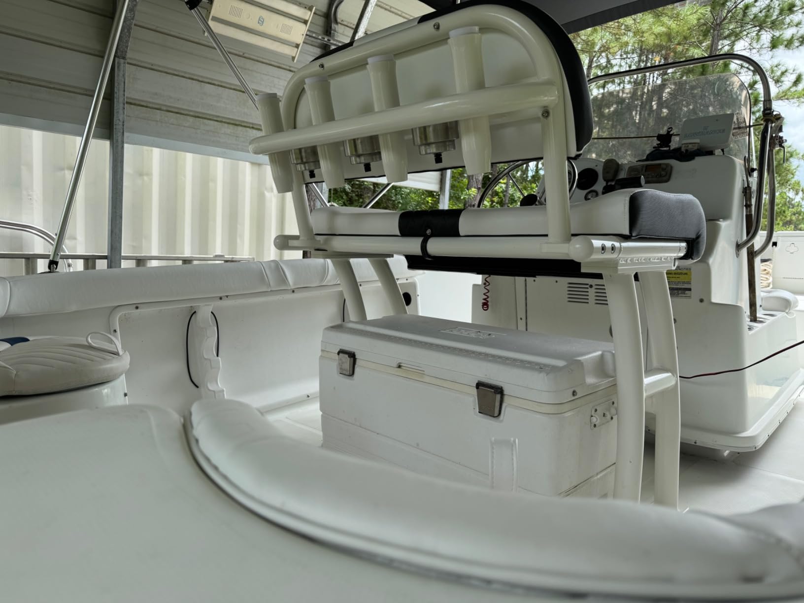 Fishmaster Pro Series Leaning Post for Center Console Fishing Boats - Deluxe Backrest, Rod Holders, Flow-Through Foam, Storage Compartment, Foldable Footrest - White Upholstery/Polished Anodized customer photo 2