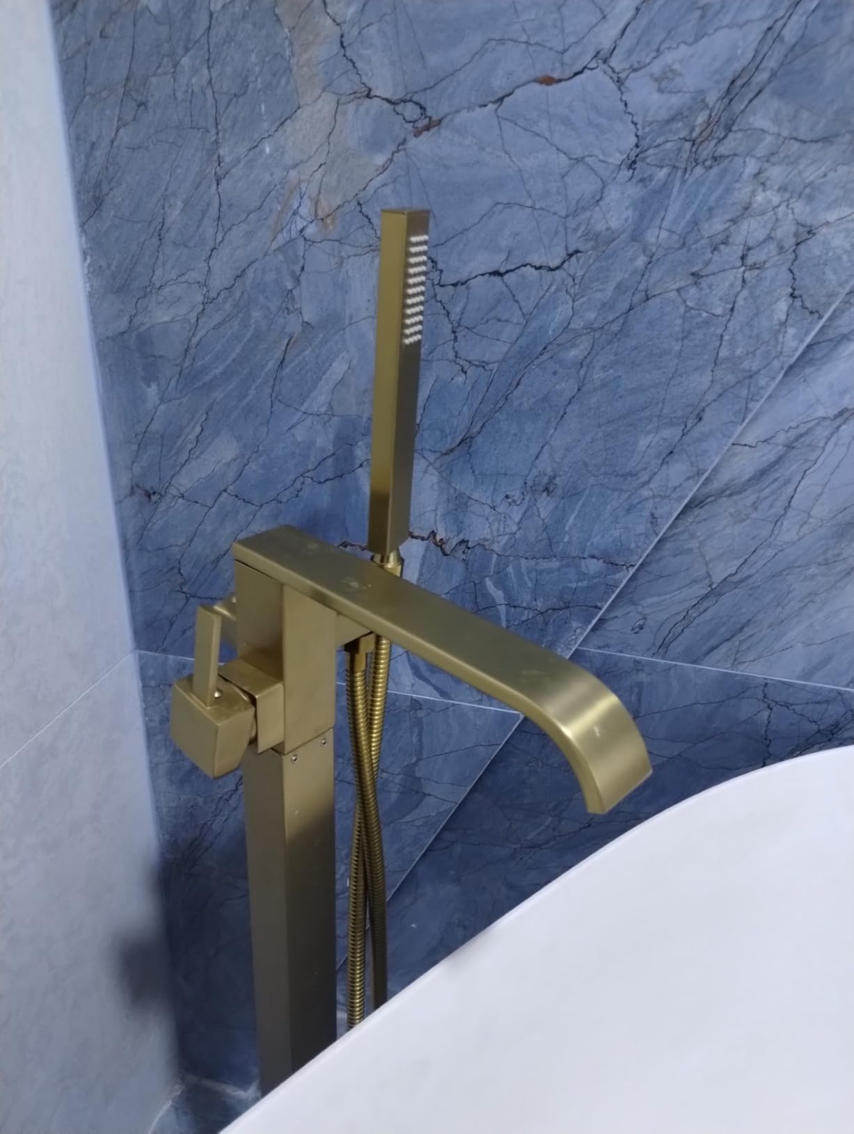 Freestanding Bathtub Faucet Brushed Nickel Tub Filler Floor Mount Single Handle Brass Tap with Handheld Shower and Swivel Mixer Spout customer photo 1