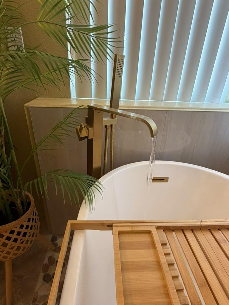 Freestanding Bathtub Faucet Brushed Nickel Tub Filler Floor Mount Single Handle Brass Tap with Handheld Shower and Swivel Mixer Spout customer photo 2