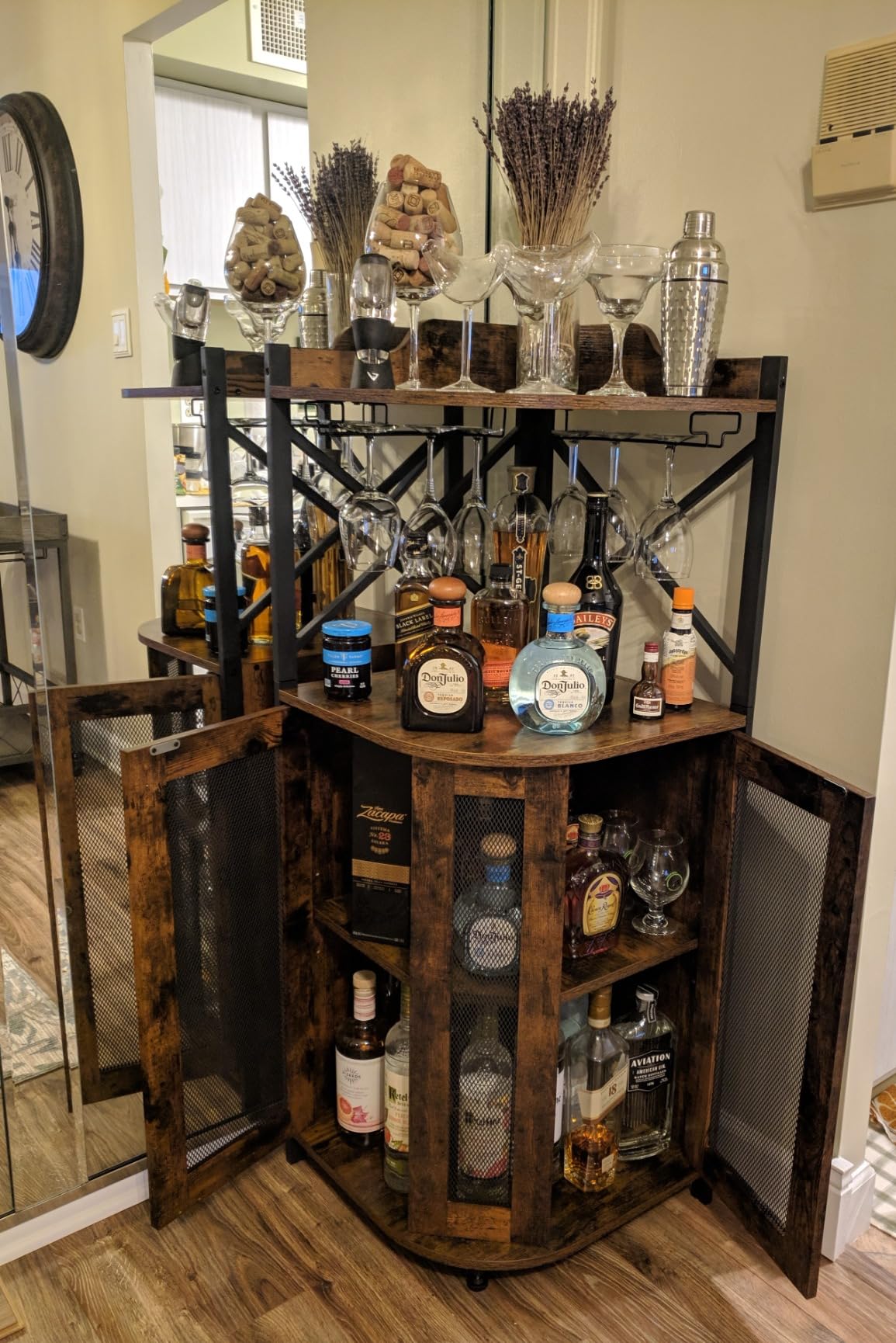 JKsmart Corner Bar Cabinet with LED Lights,Industrial Wine Cabinet with Glass Holder,4-Tier Wine Cabinet with Door and Shelf,Farmhouse Home Bar for Liquor Wine Coffee Storage,Rustic Brown customer photo 1