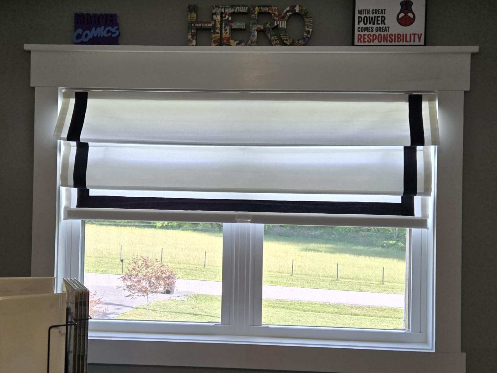DEJAVU Roman Shades With Ribbon Border for Windows, White Black Custom Blackout Light Filtering Window Shades, Fabric Insulated Thermal Blinds for Doors, French Doors, Kitchen Windows customer photo 1