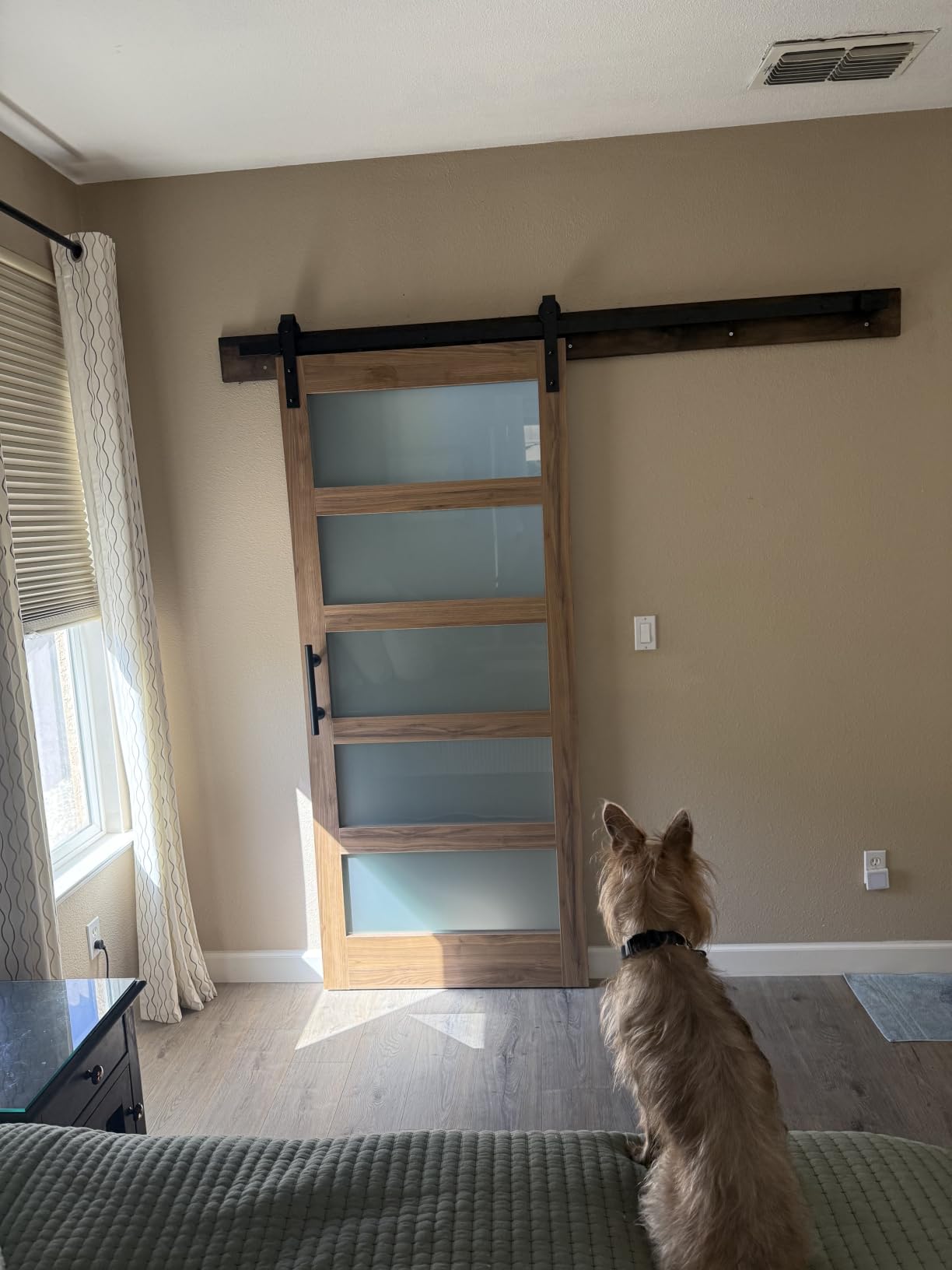 FREDBECK 36 x 84 inch Glass Barn Door with 6.6FT Track Kit, Interior Doors | Fit for 32in-34in Opening Handle Included,5-Panel Frosted Glass, Water-Proof Surface,Pre-Drilled Holes,Need Assembly customer photo 1