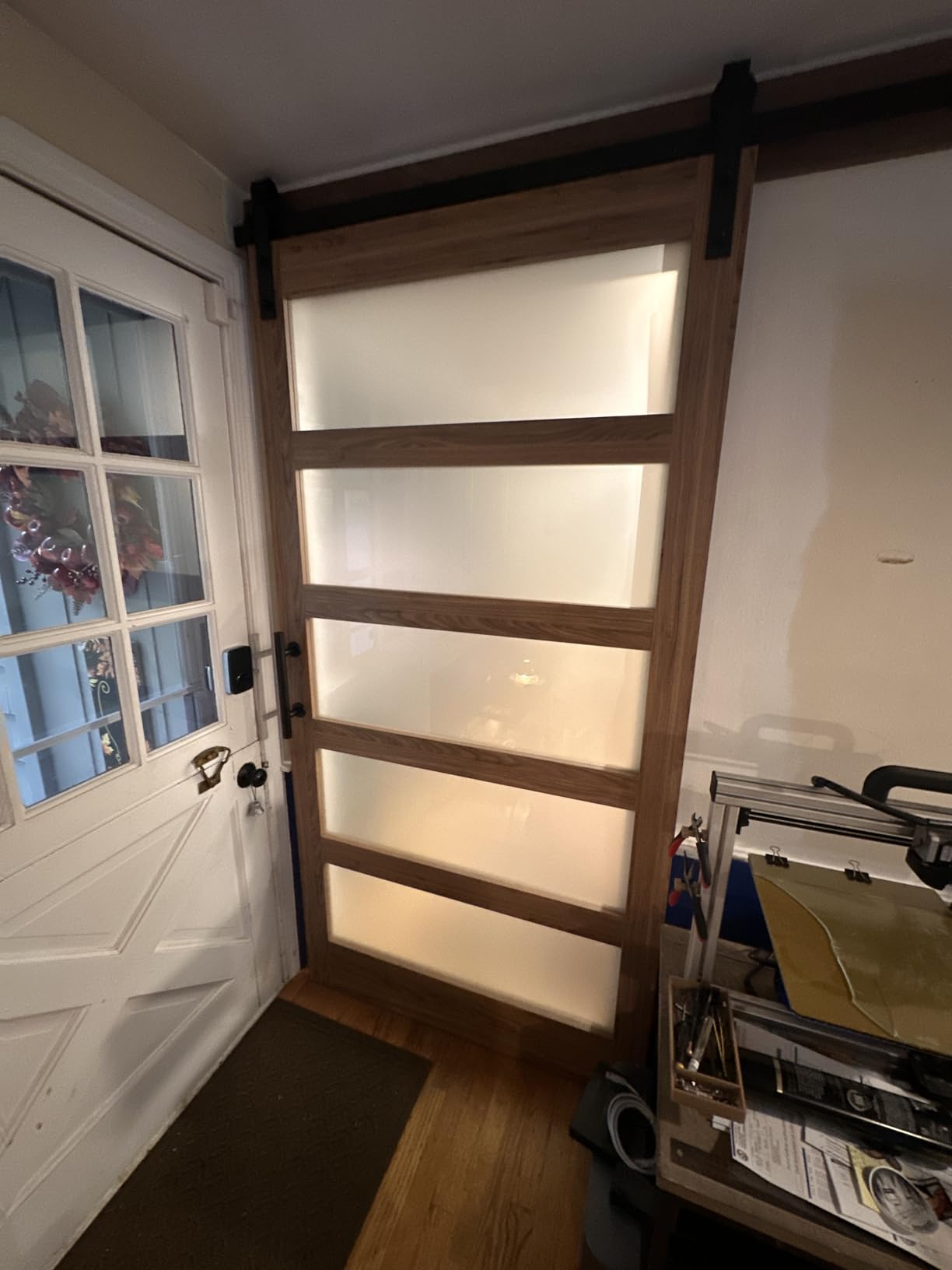 FREDBECK 36 x 84 inch Glass Barn Door with 6.6FT Track Kit, Interior Doors | Fit for 32in-34in Opening Handle Included,5-Panel Frosted Glass, Water-Proof Surface,Pre-Drilled Holes,Need Assembly customer photo 2