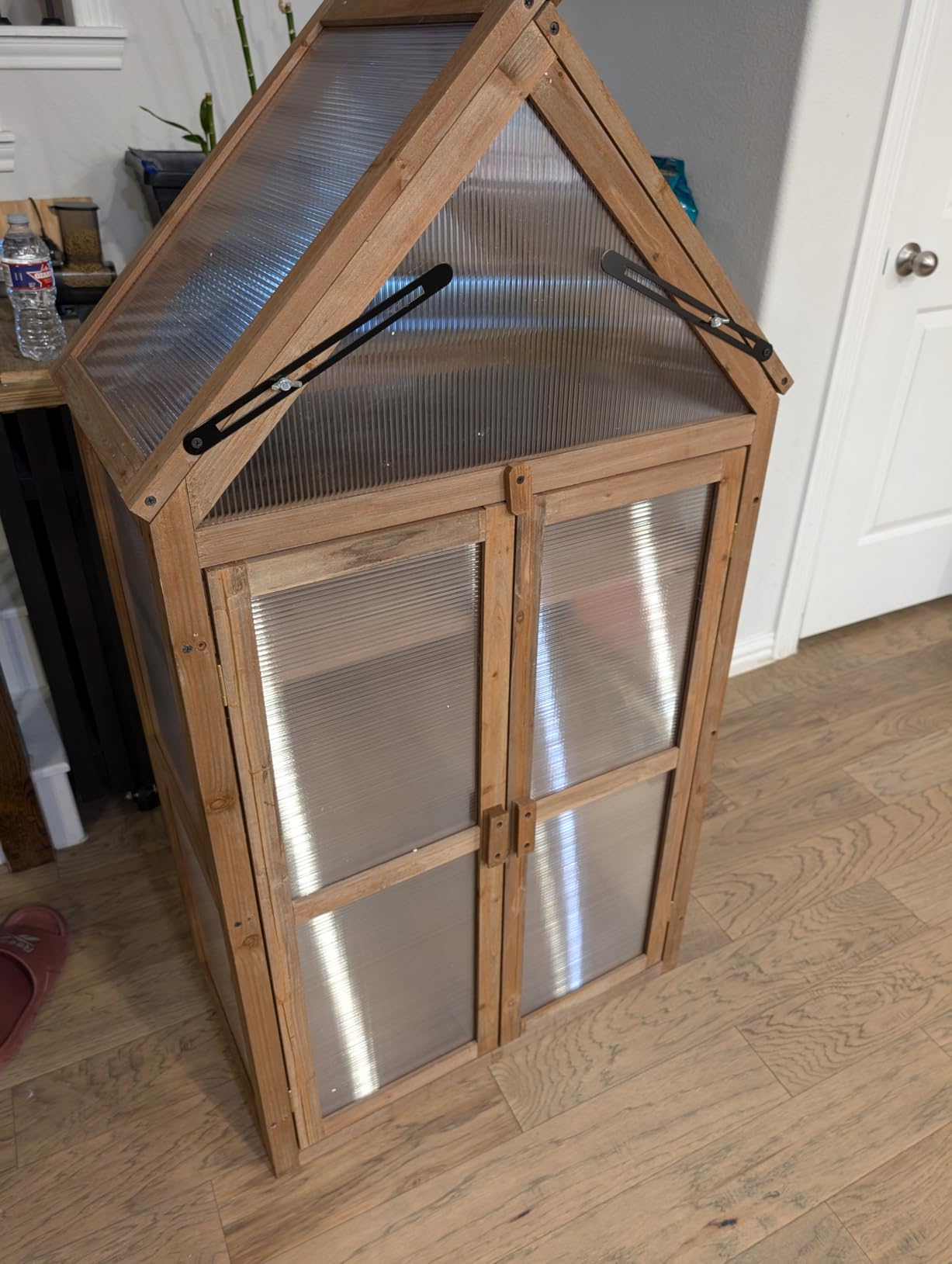 LDAILY Cold Frame Greenhouse, Wooden Raised Flower Planter Shelf w/ Triangular Top Grow Protection, Double Doors, Greenhouse Cabinet for Outdoor Patio Balcony Garden Backyard, 27