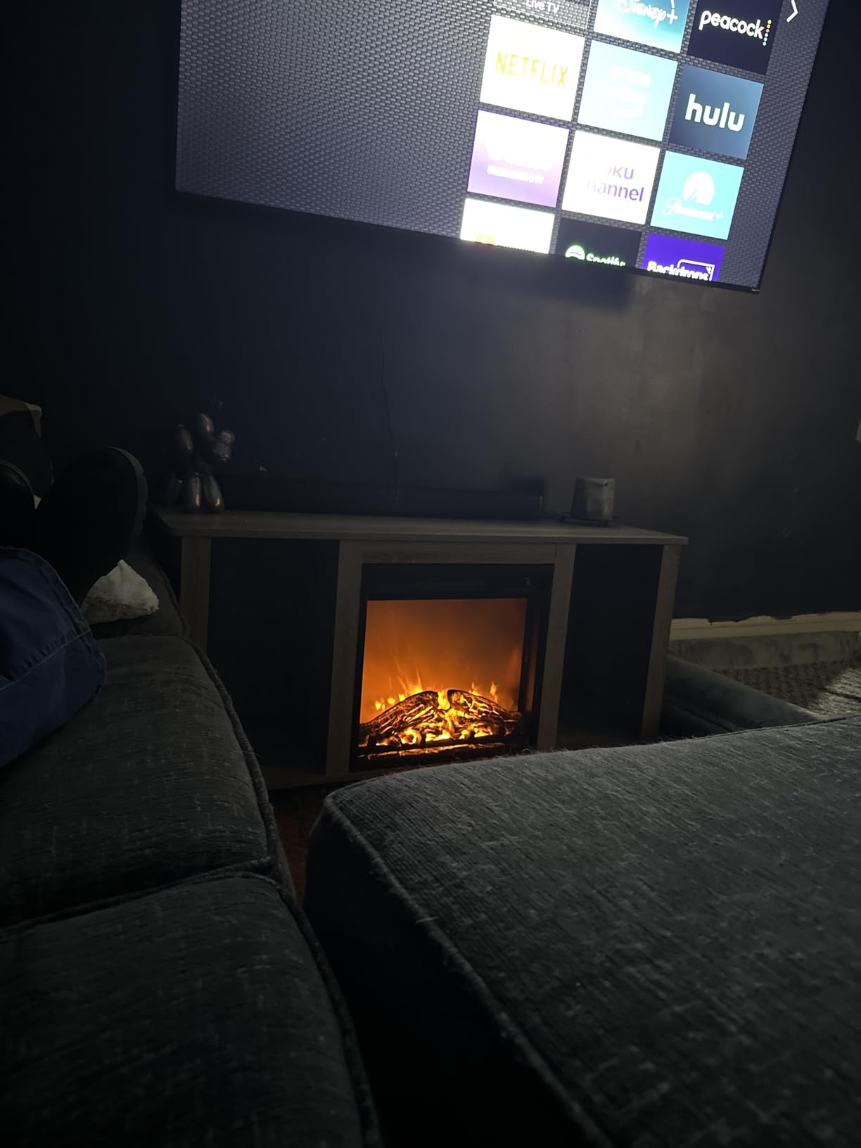 Furinno Jensen Fireplace Entertainment Center TV Stand with Open Storage for TV up to 55 Inch, French Oak Grey customer photo 1