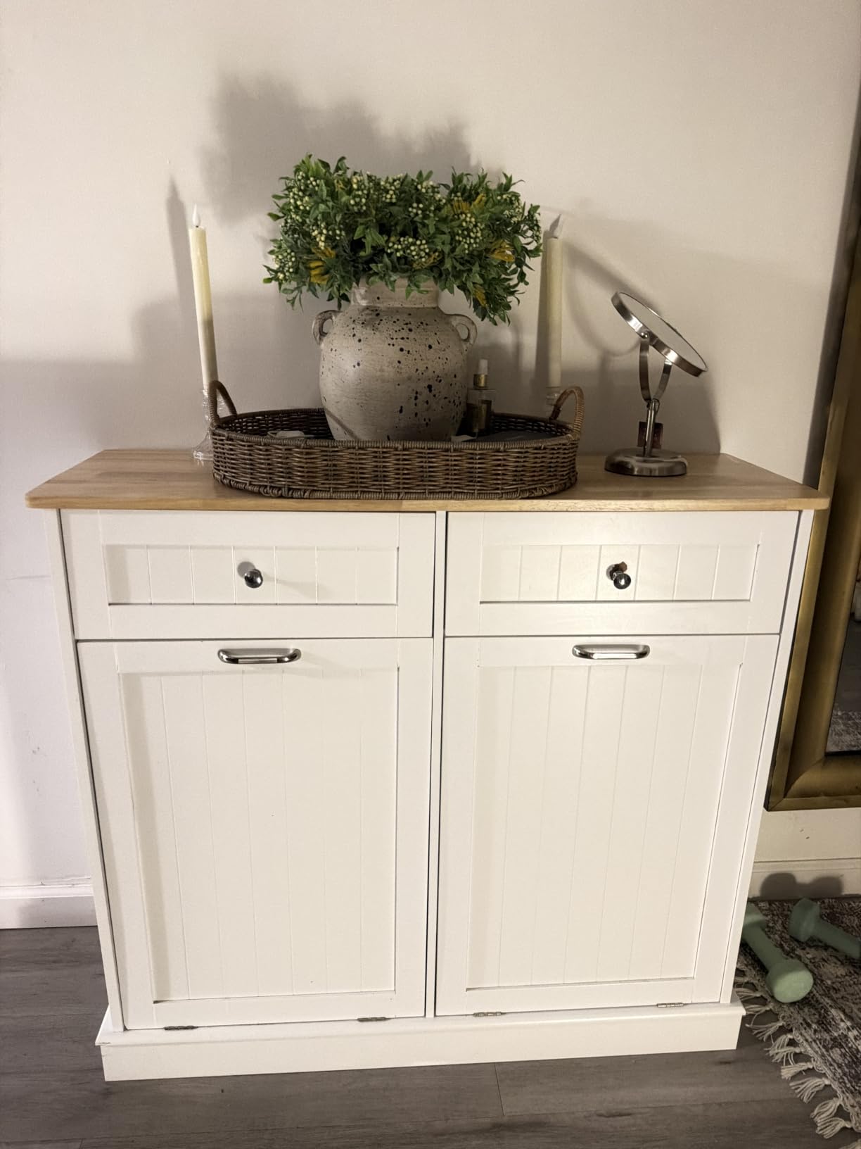 Betterhood 10 Gallon Tilt Out Trash Cabinet with Big Storage Drawer, Solid Wooden Trash Garbage Can Cabinet, Mid-Century Modern Recycling Cabinet & Laundry Sorter for Kitchen Dining Room, White customer photo 2