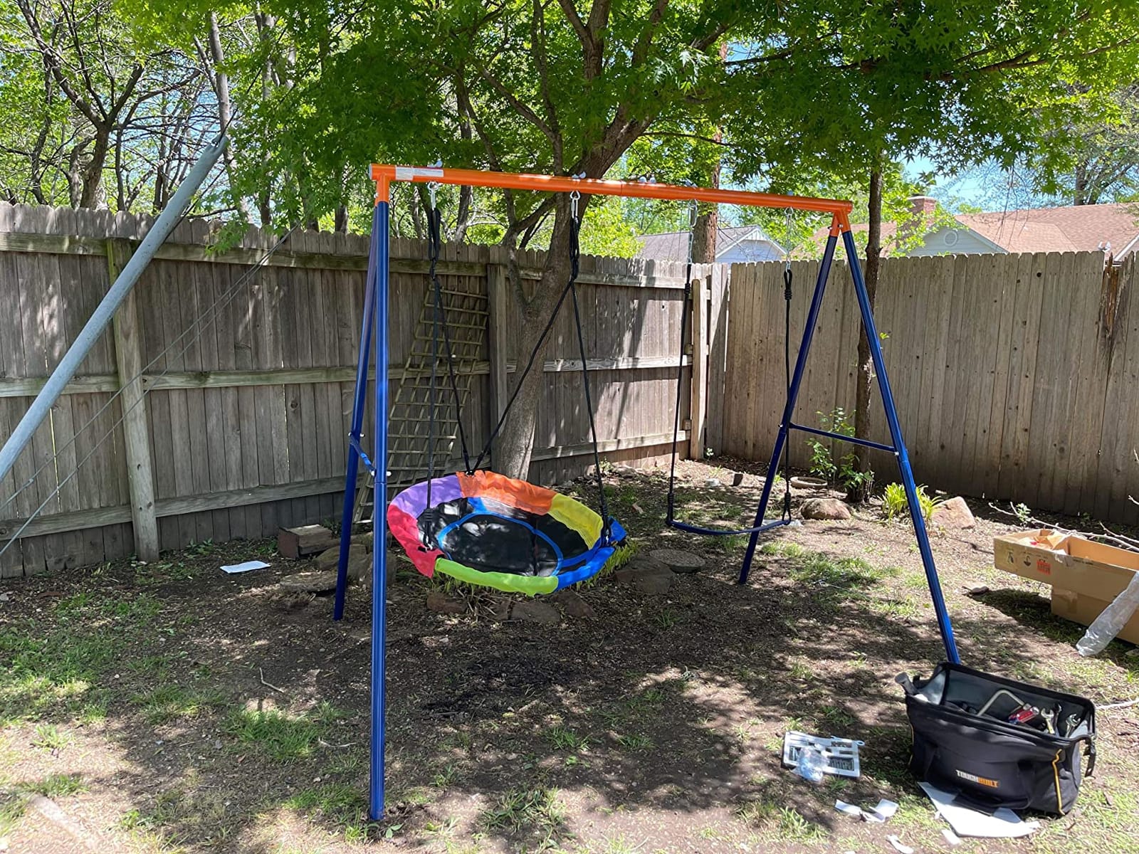 Lunafun Swing Set, 440lbs, Heavy-Duty A-Frame Metal Outdoor SwingStand, 1 Saucer & 1 Belt Swing seat for Playground, Backyard Pink customer photo 2
