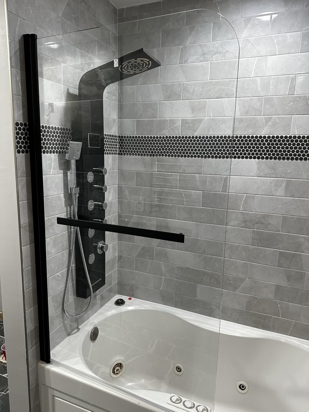 Sunrosa Frameless Pivot Glass Tub Shower Door, Matte Black, 34 x 58 in customer photo 1