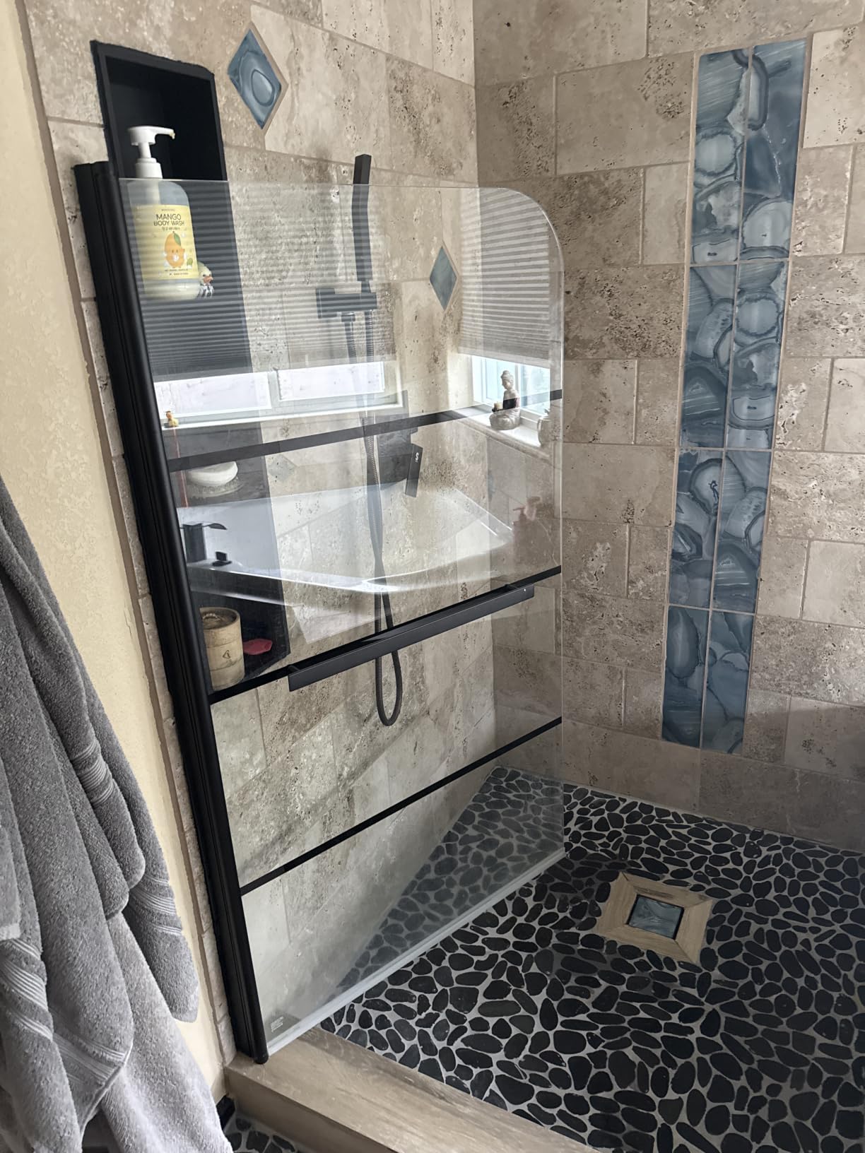 Sunrosa Frameless Pivot Glass Tub Shower Door, Matte Black, 34 x 58 in customer photo 2